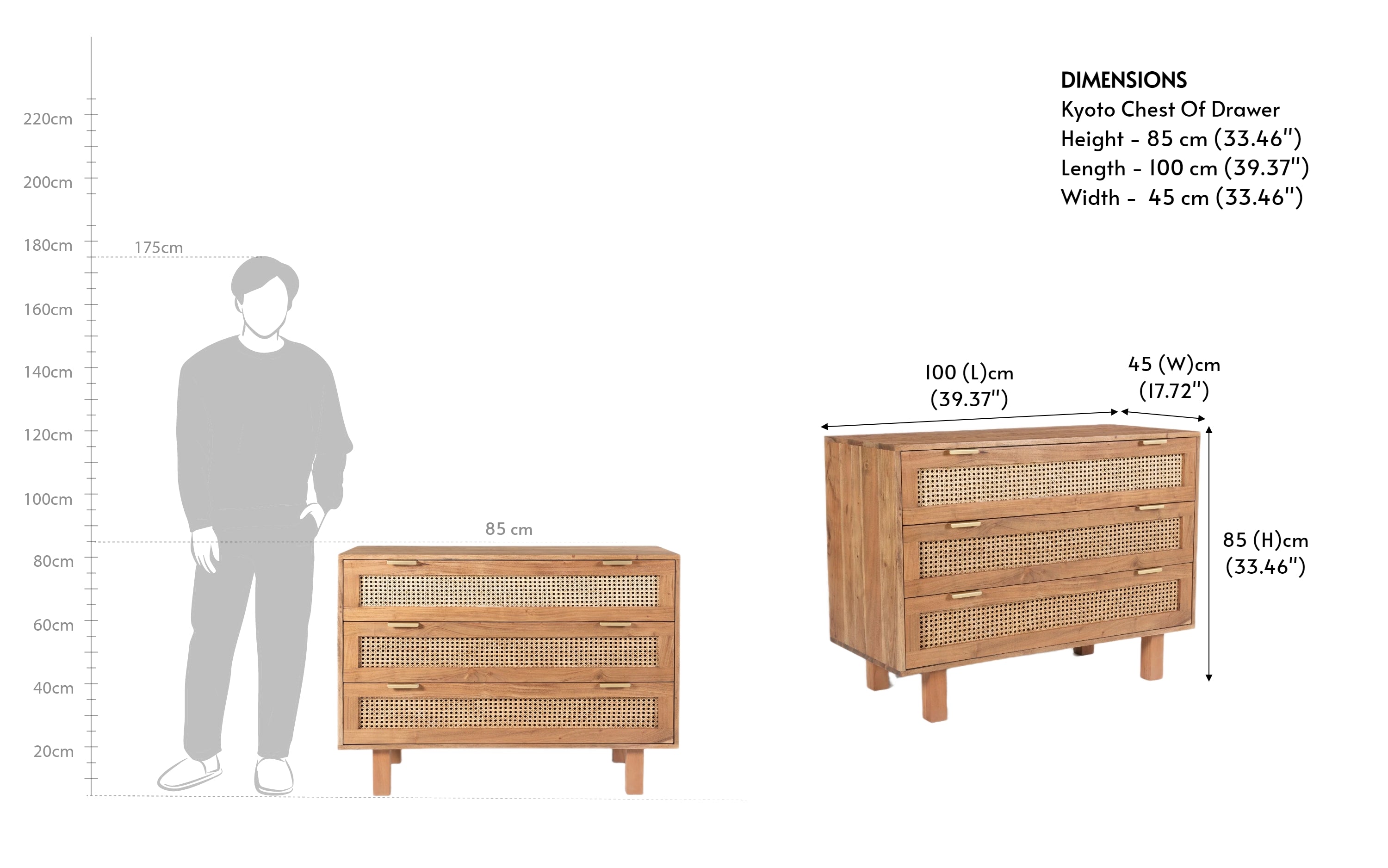 Kyoto Cane 3 Drawers Chest of Drawers | Natural Finish - Close shot - Orange Tree