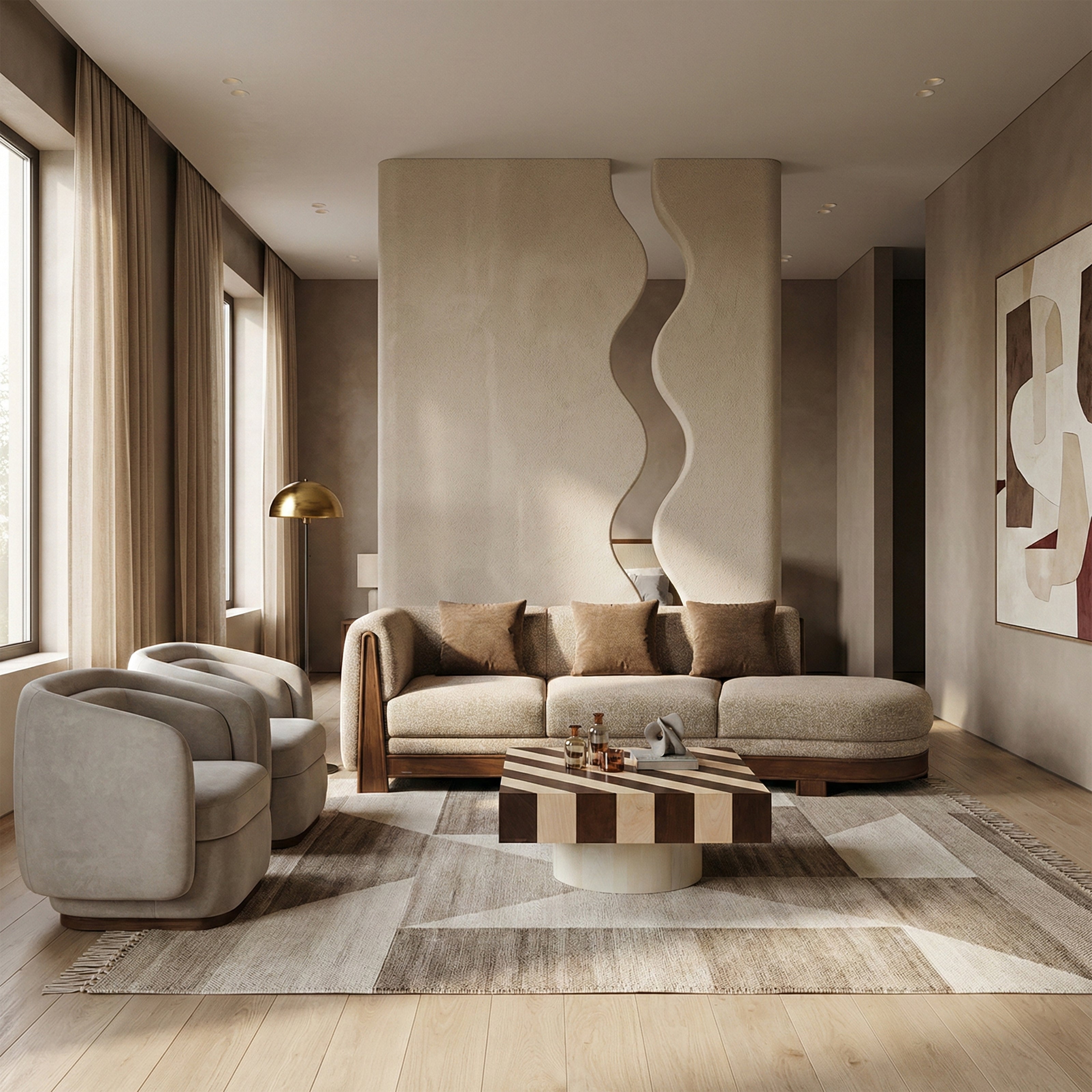 Curved sofa with layered rug and table