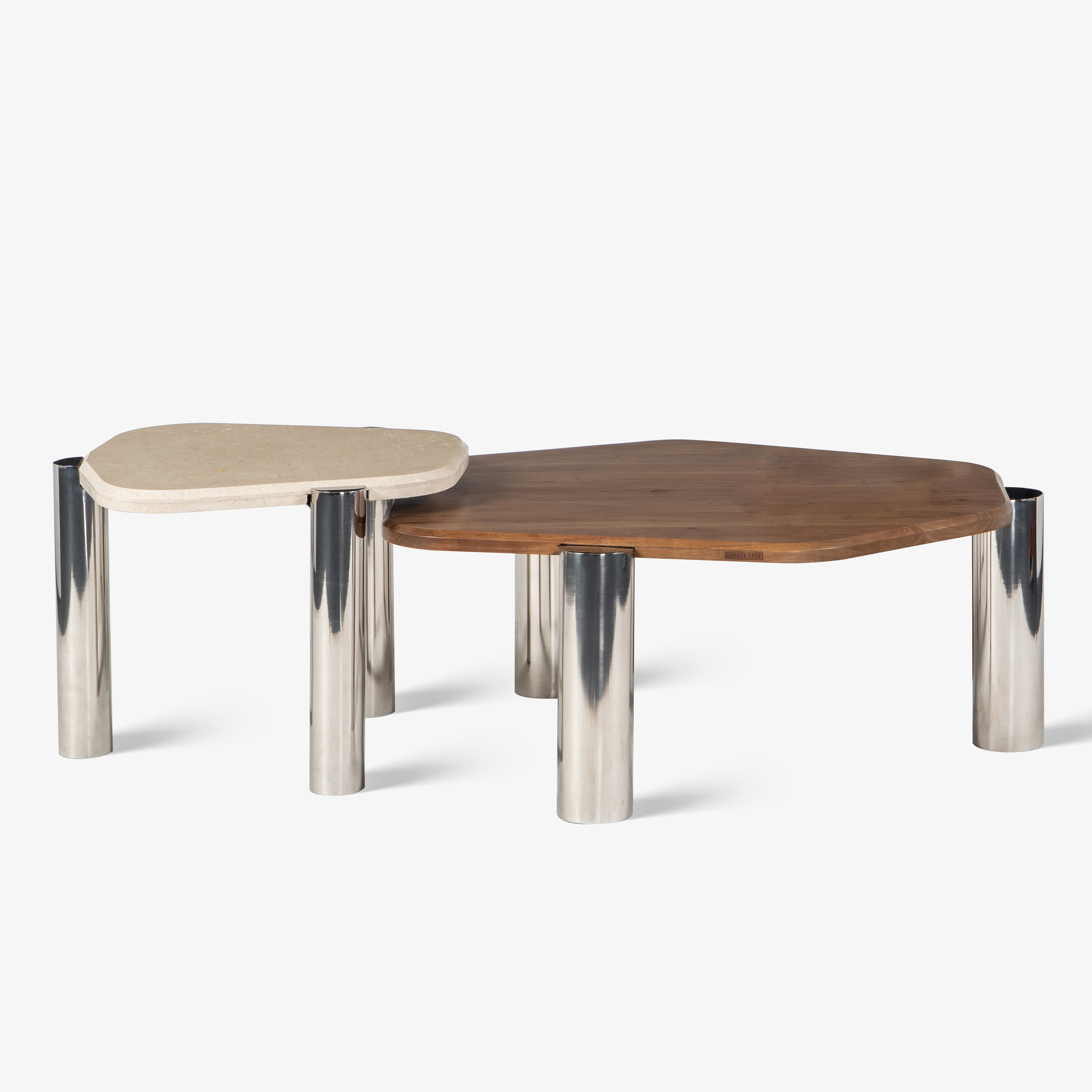 Modern nesting tables with wood and light stone tops.