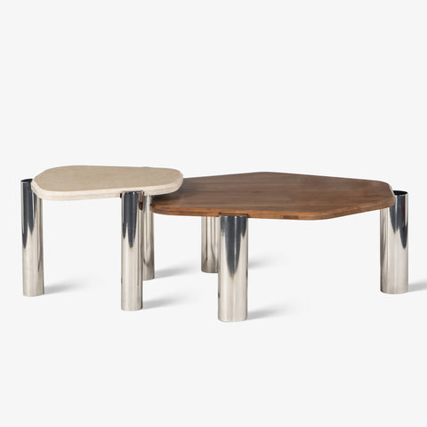 Modern nesting tables with wood and light stone tops.