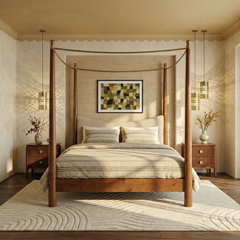 Wooden four poster bed styled in a warm neutral bedroom interior.