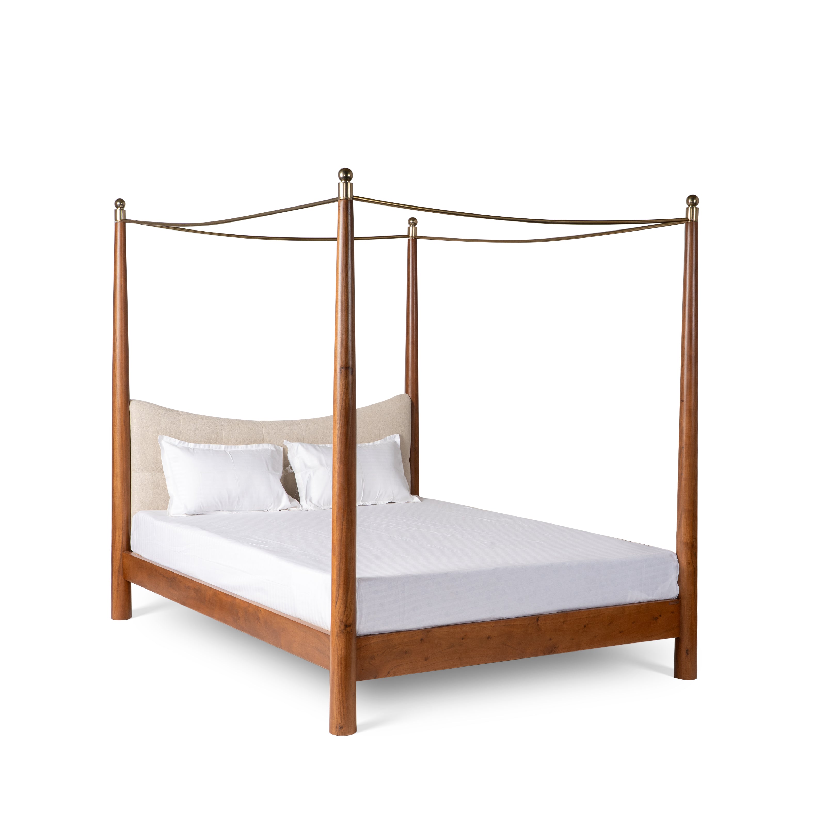 Solid wood canopy bed placed in a bright bedroom.