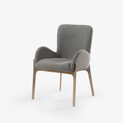 Angled view of gray dining chair