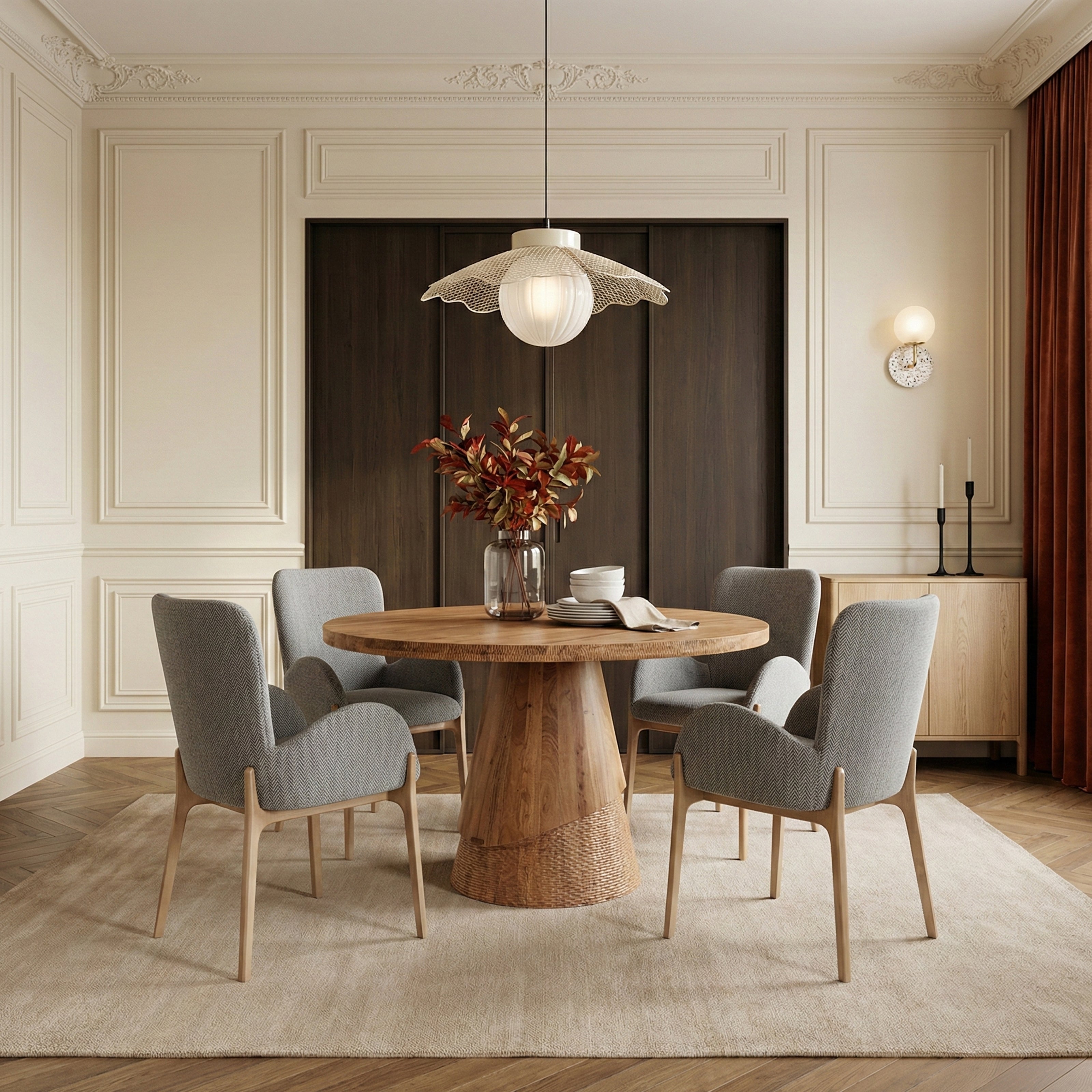 Dining room with gray upholstered chairs