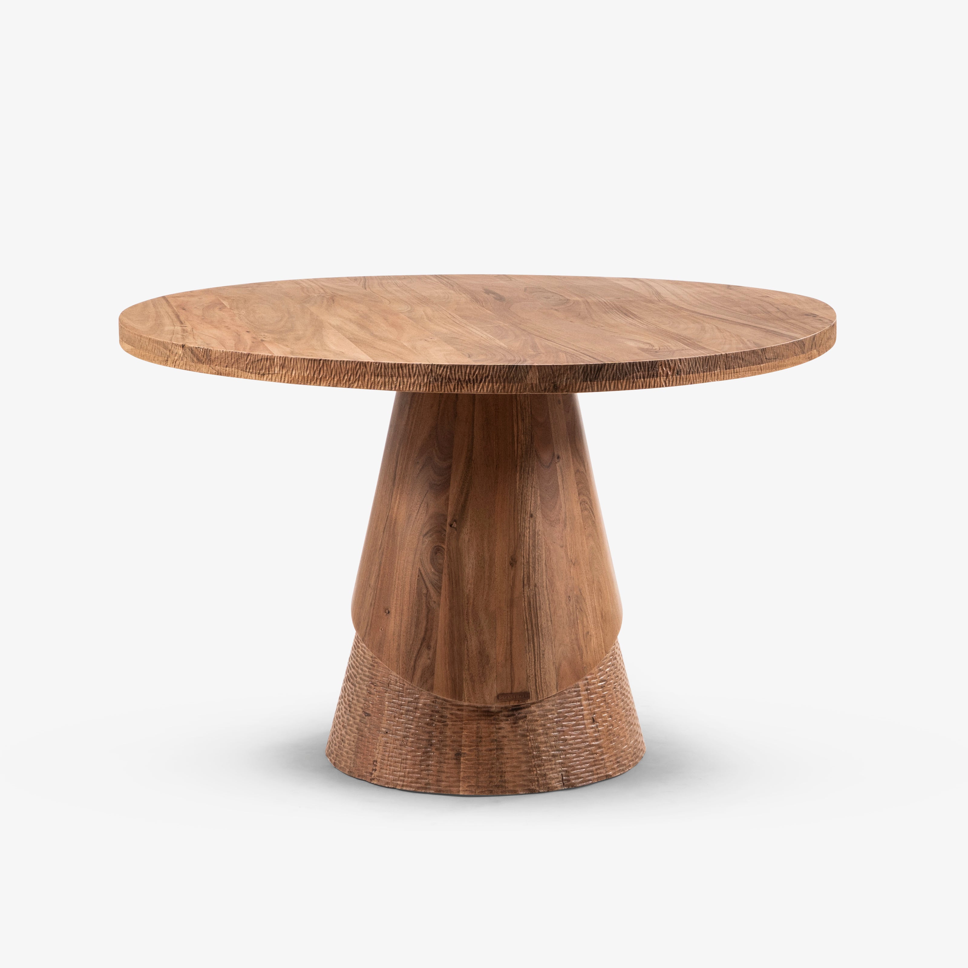 Round wooden table on white background