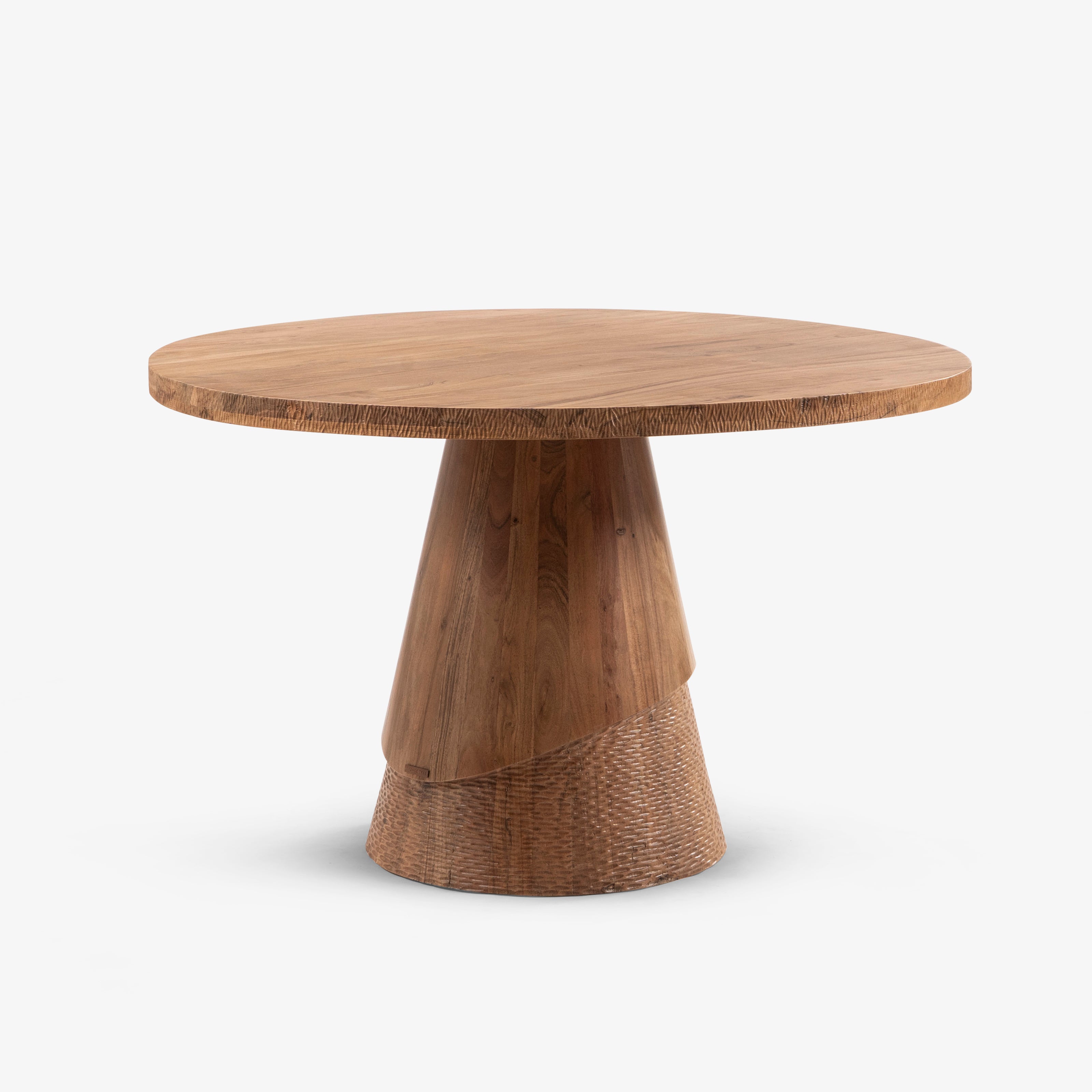 Round wooden table on white background