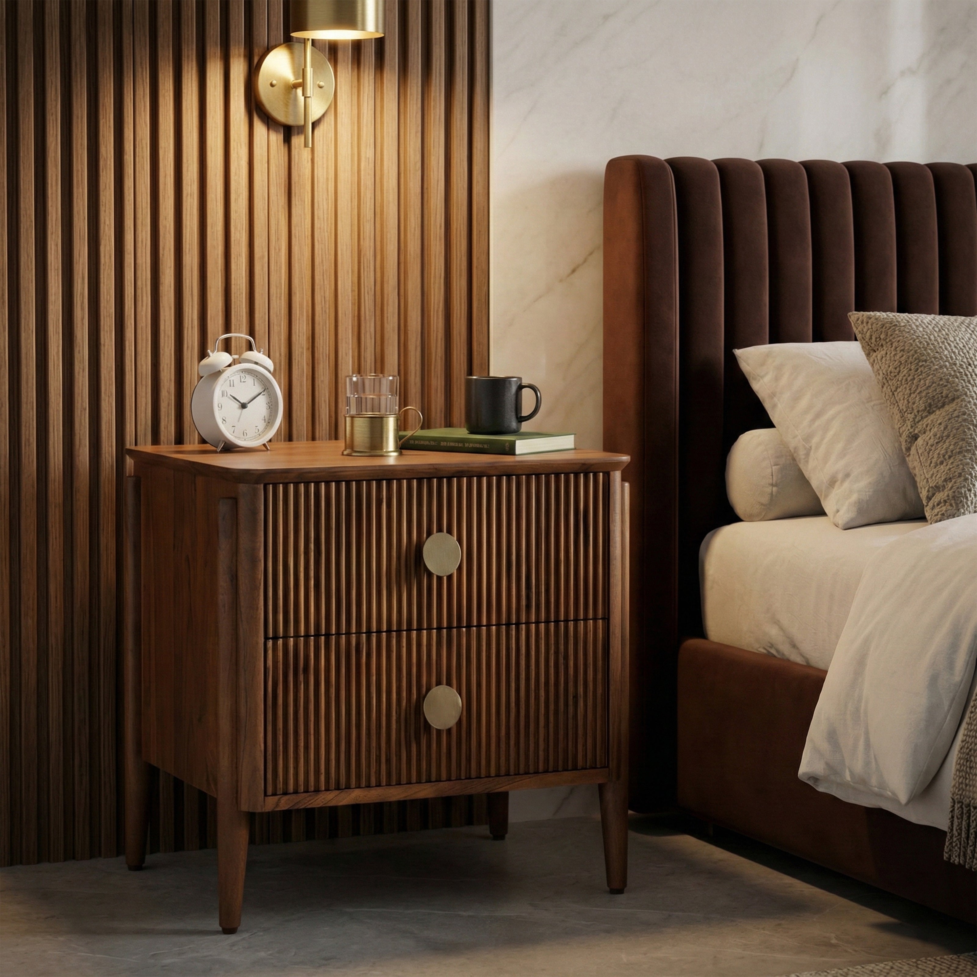 Wood bedside table in bedroom setting