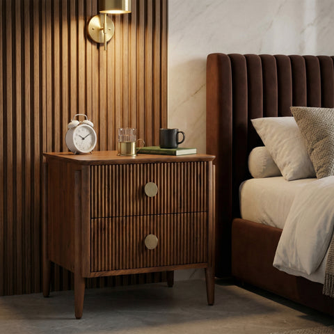 Wood bedside table in bedroom setting