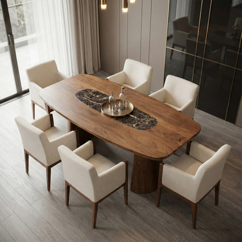 Wood dining table with upholstered chairs