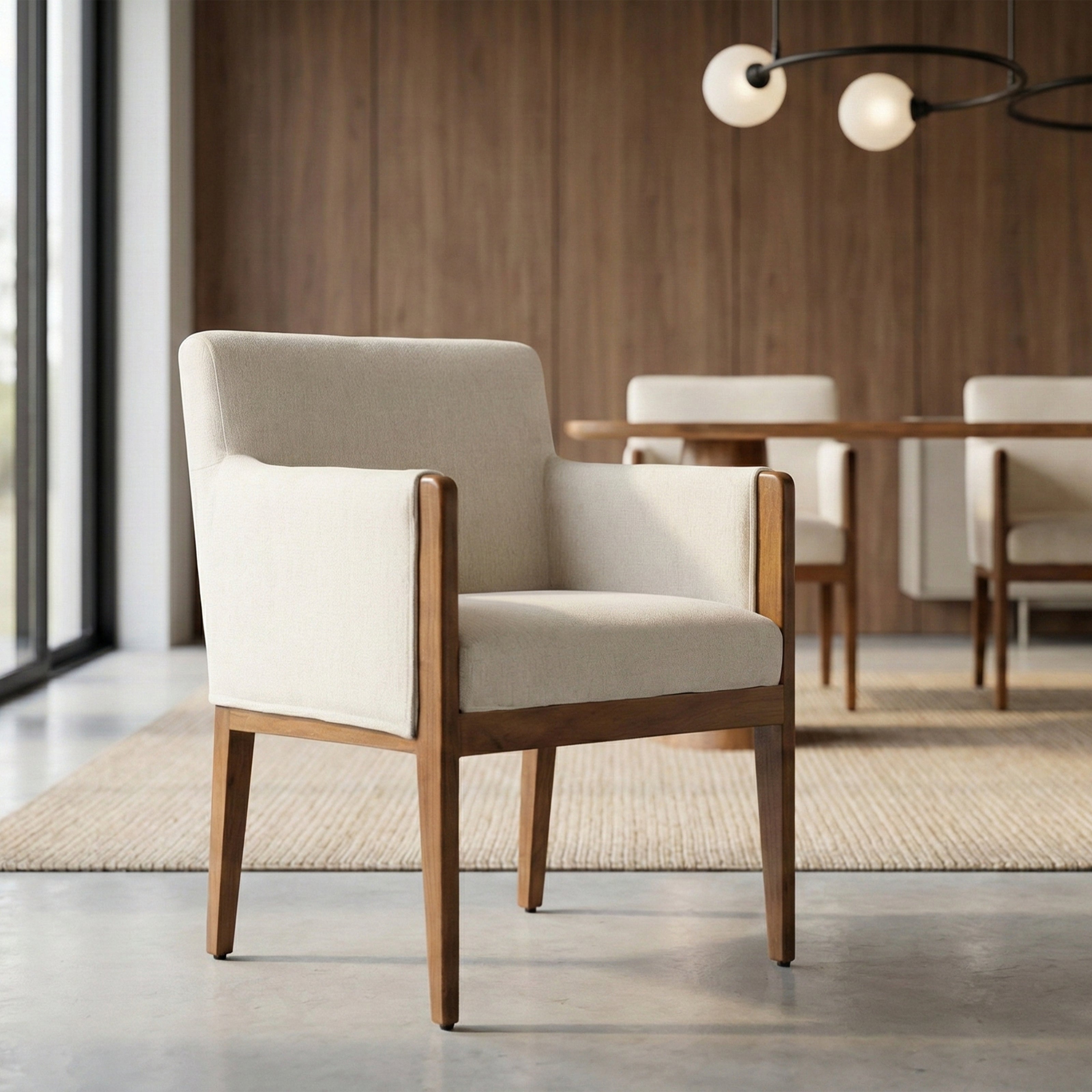 Cream upholstered armchair in dining room