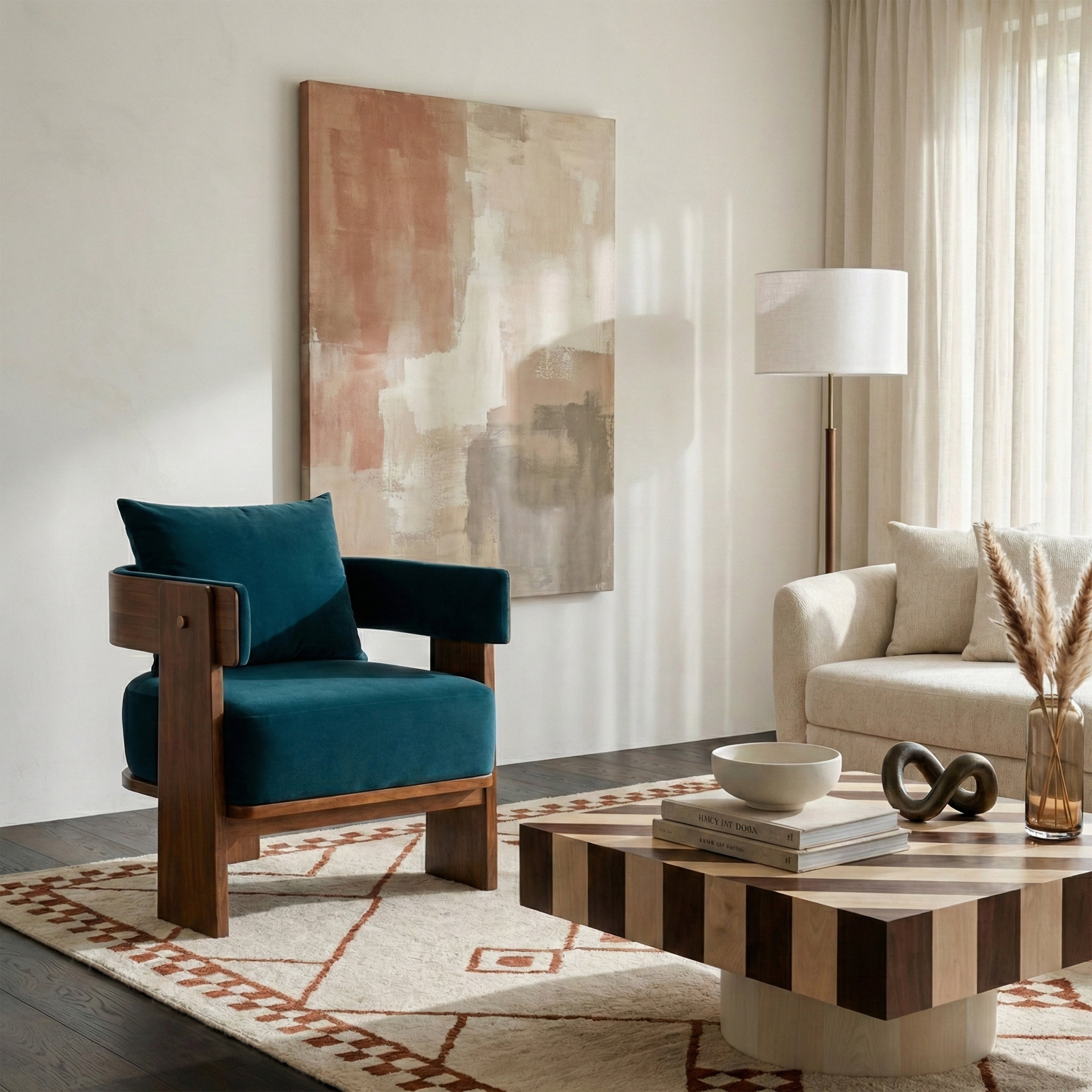 Blue chair in styled interior