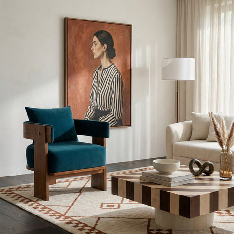 Blue chair in styled interior living room
