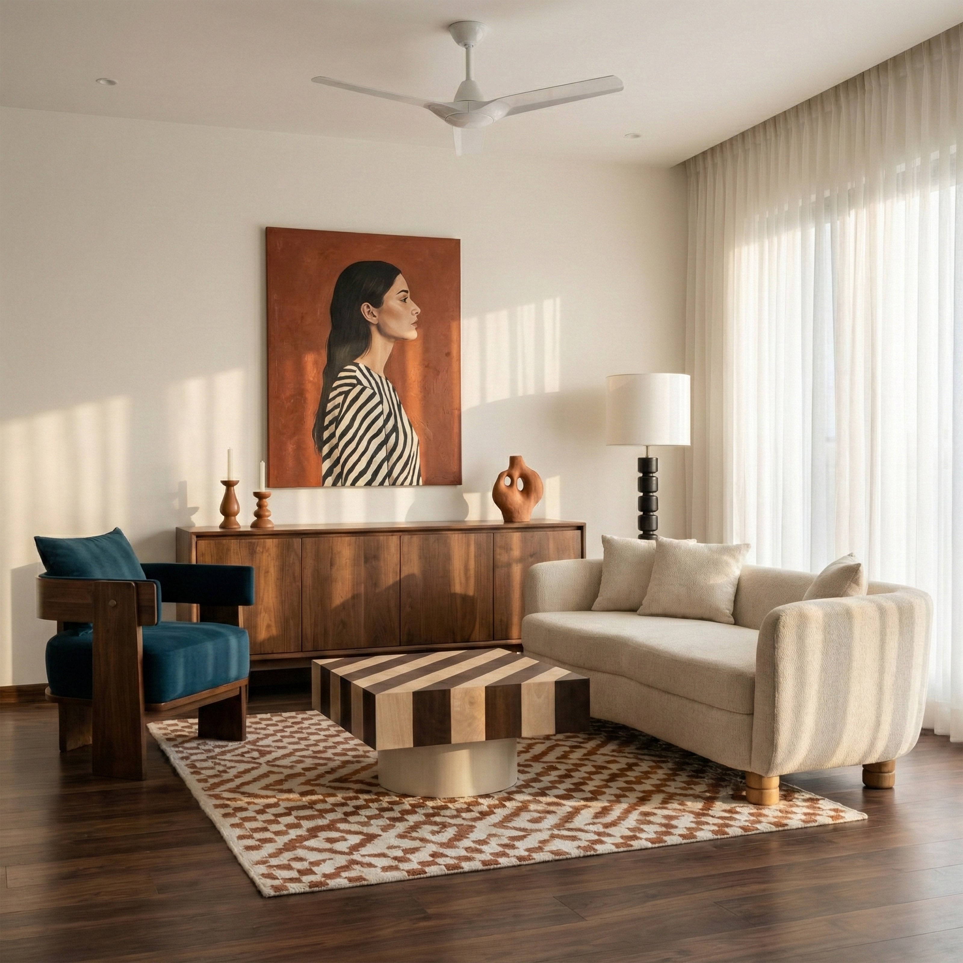 Living room with blue accent chair