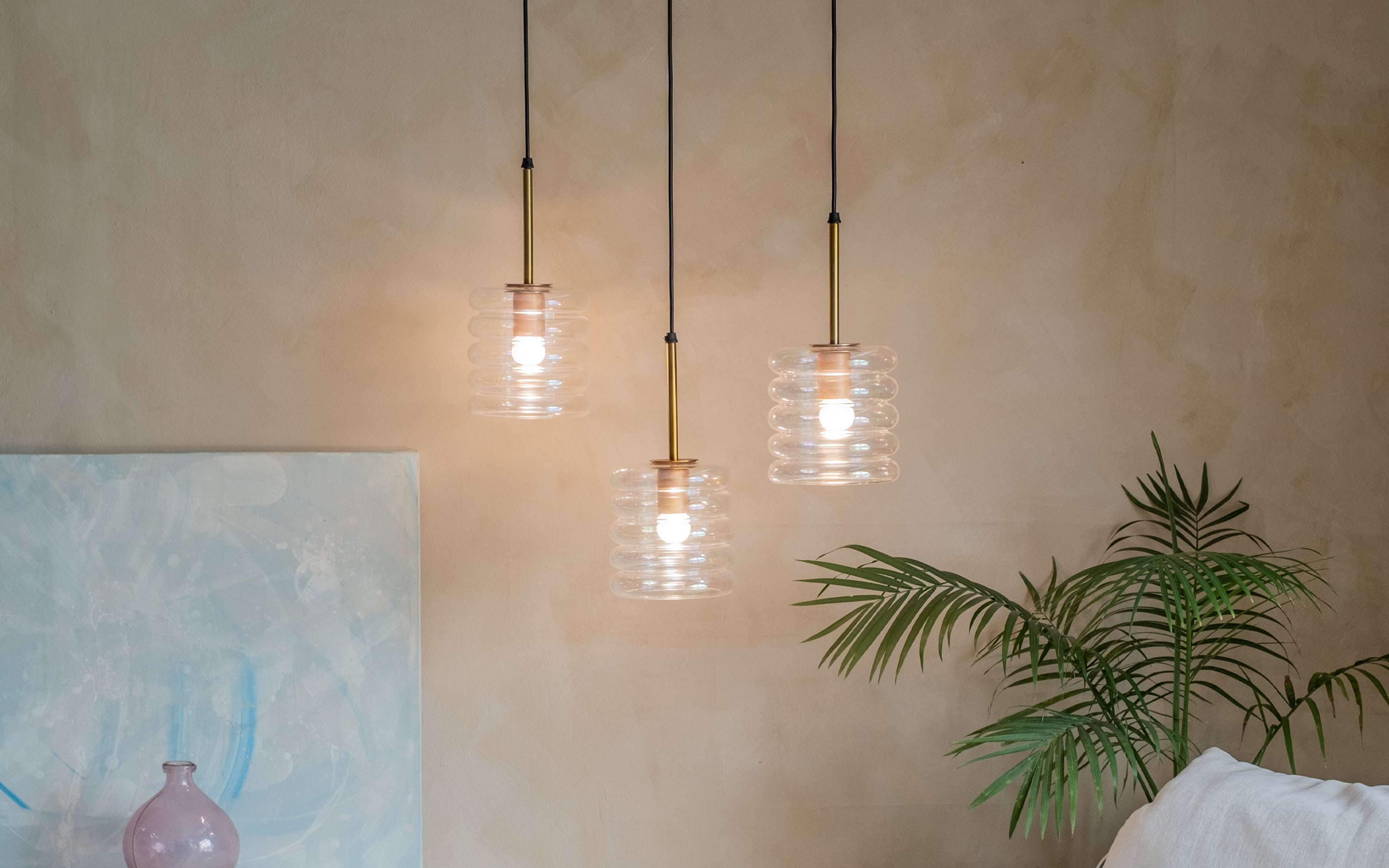 Unio Cluster Round Glass Hanging Lamp Set of 3 | Brass Finished - Close shot - from right angle - Orange Tree