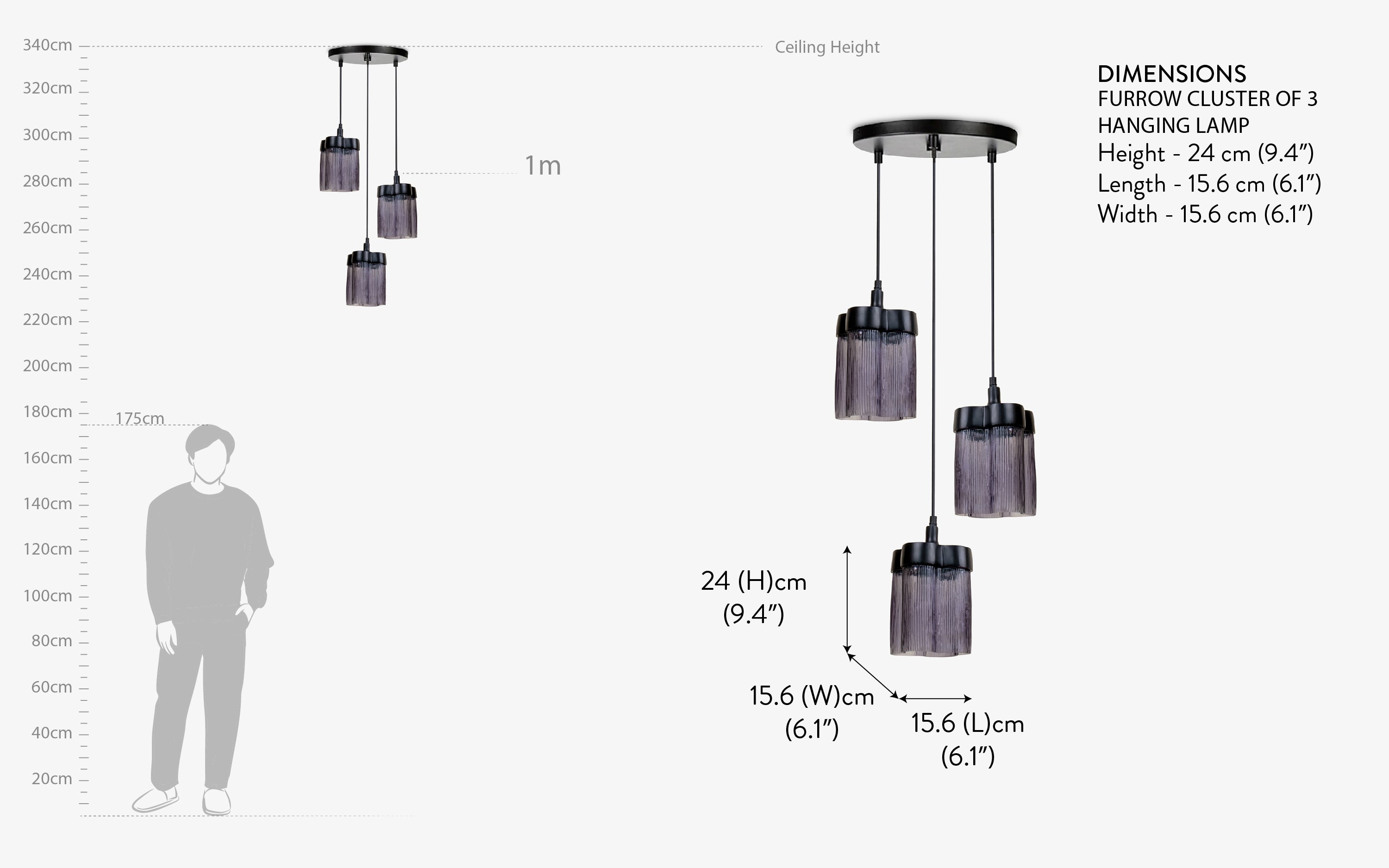 Furrow Cluster Pendant Light of 3 | Lavender Ribbed Glass Lamps - Close shot - from right angle - Orange Tree