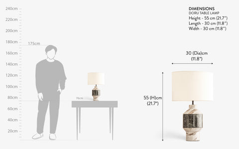 Measurement chart showing a person, table, and lamp with dimensions labeled.