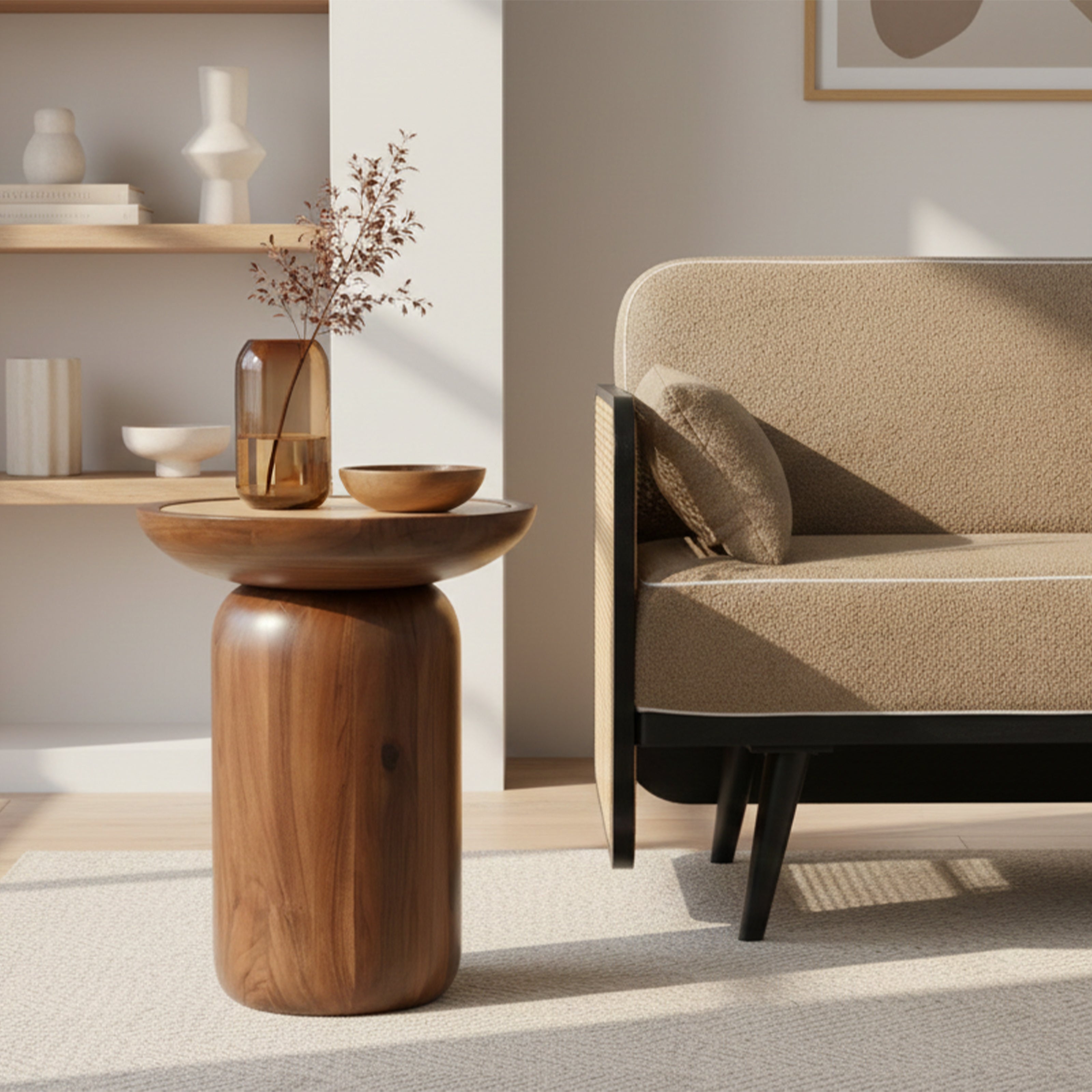 Sculptural wooden side table styled with a vase and bowl beside a lounge chair.
