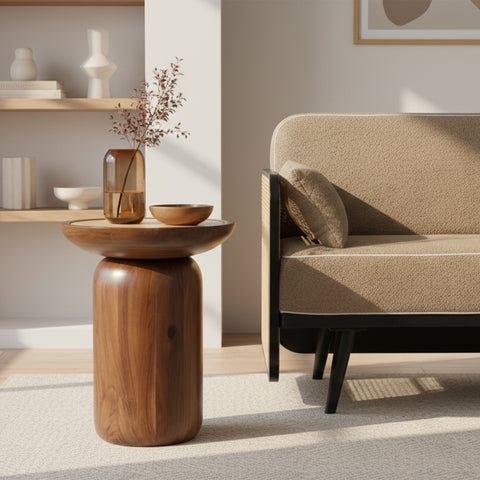 Sculptural wooden side table styled with a vase and bowl beside a lounge chair.