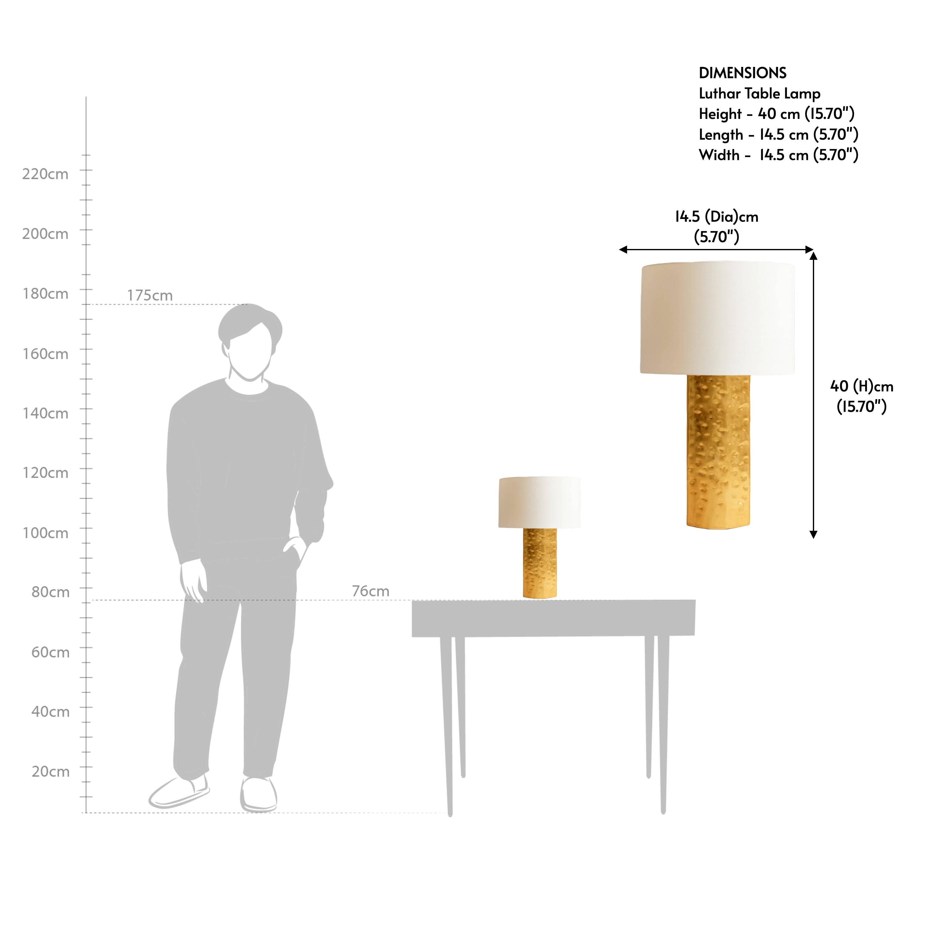 A table lamp drawing showing the height and scale of the fixture relative to a person.