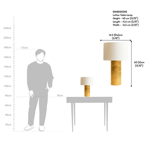 A table lamp drawing showing the height and scale of the fixture relative to a person.