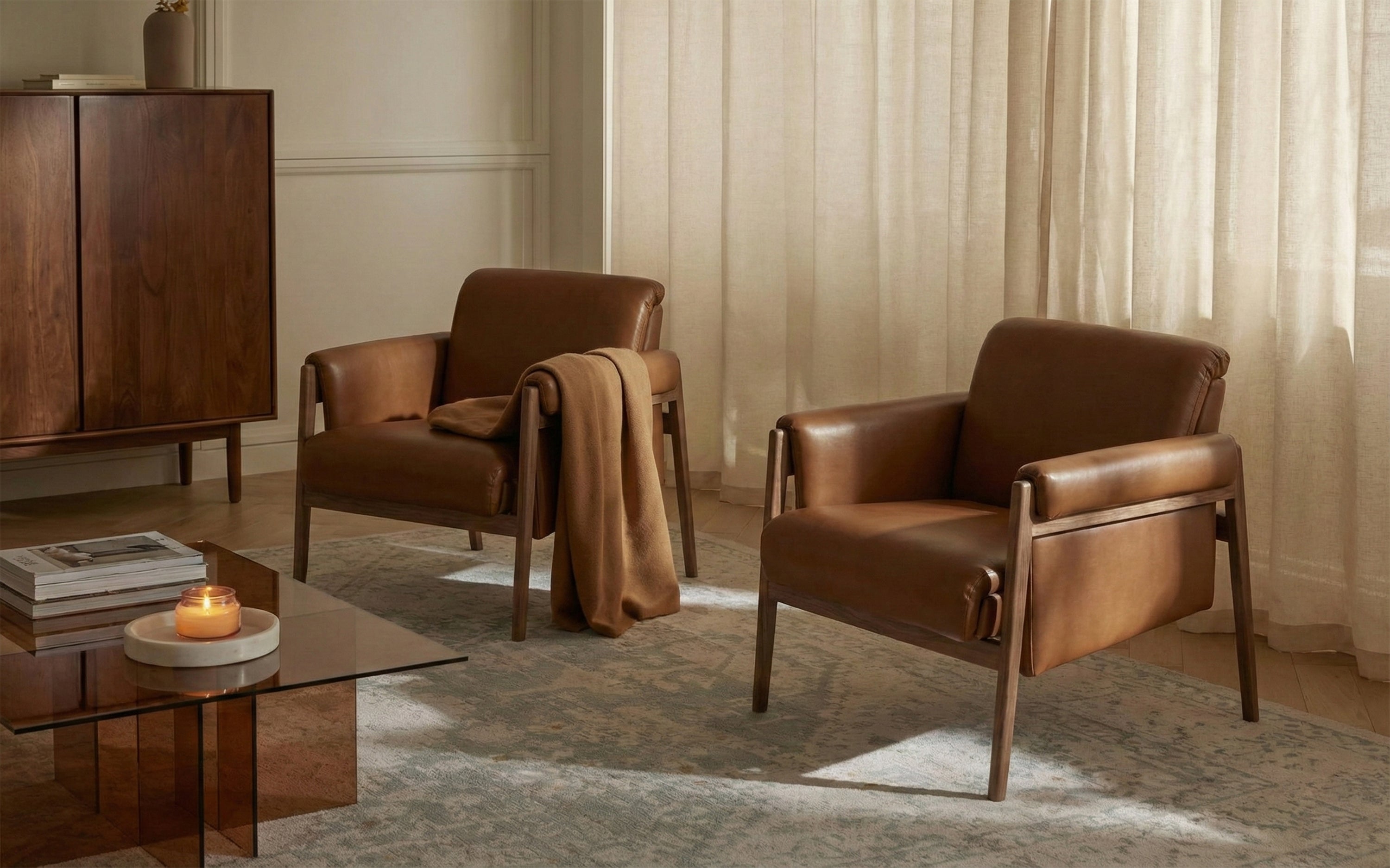 Mai Solid Wood Upholstery Lounge Chair in natural finish - with white background - Orange Tree