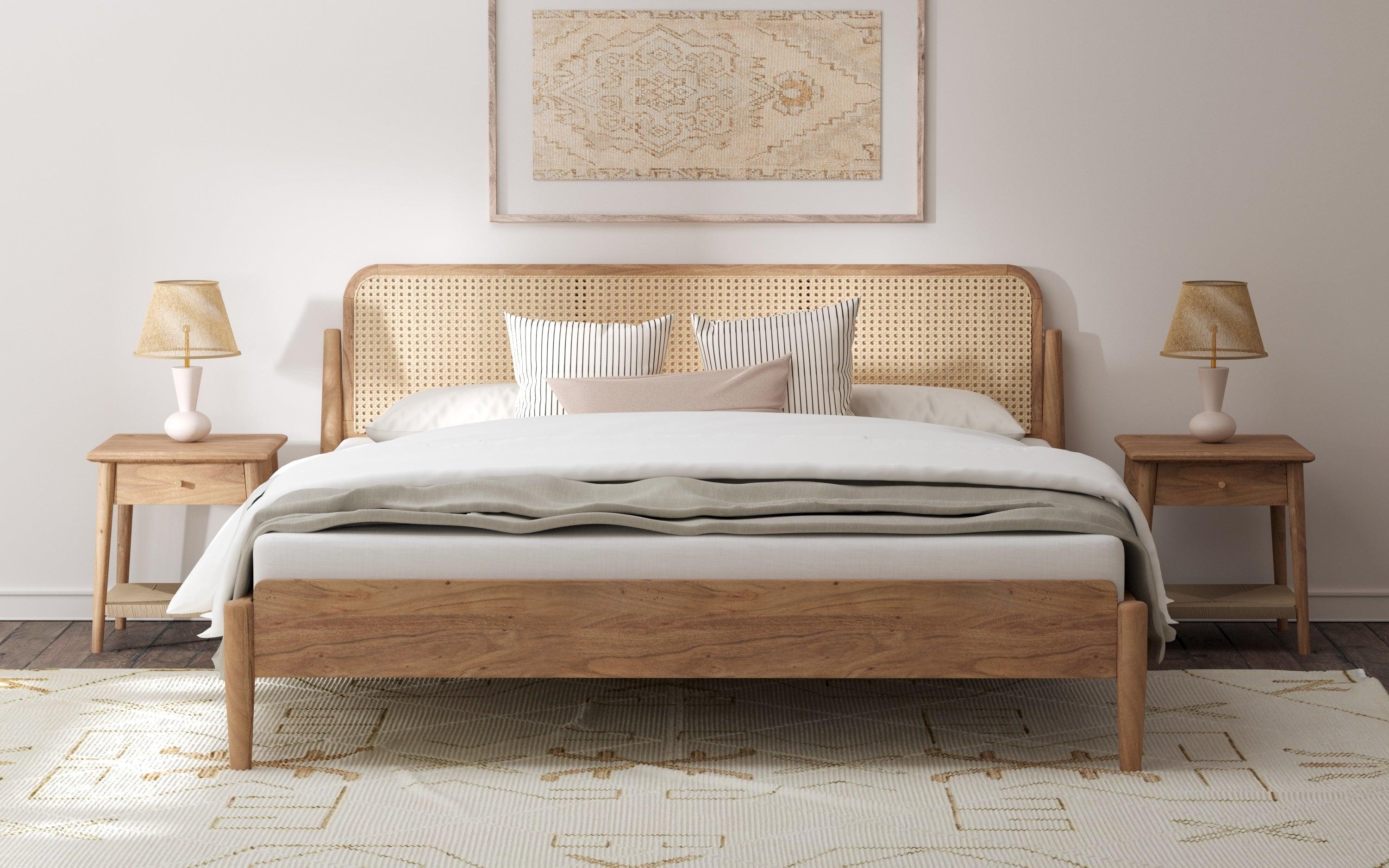Meadow Non-Storage Solid Wood Cane Bed | Platform Bed - Close shot - Orange Tree