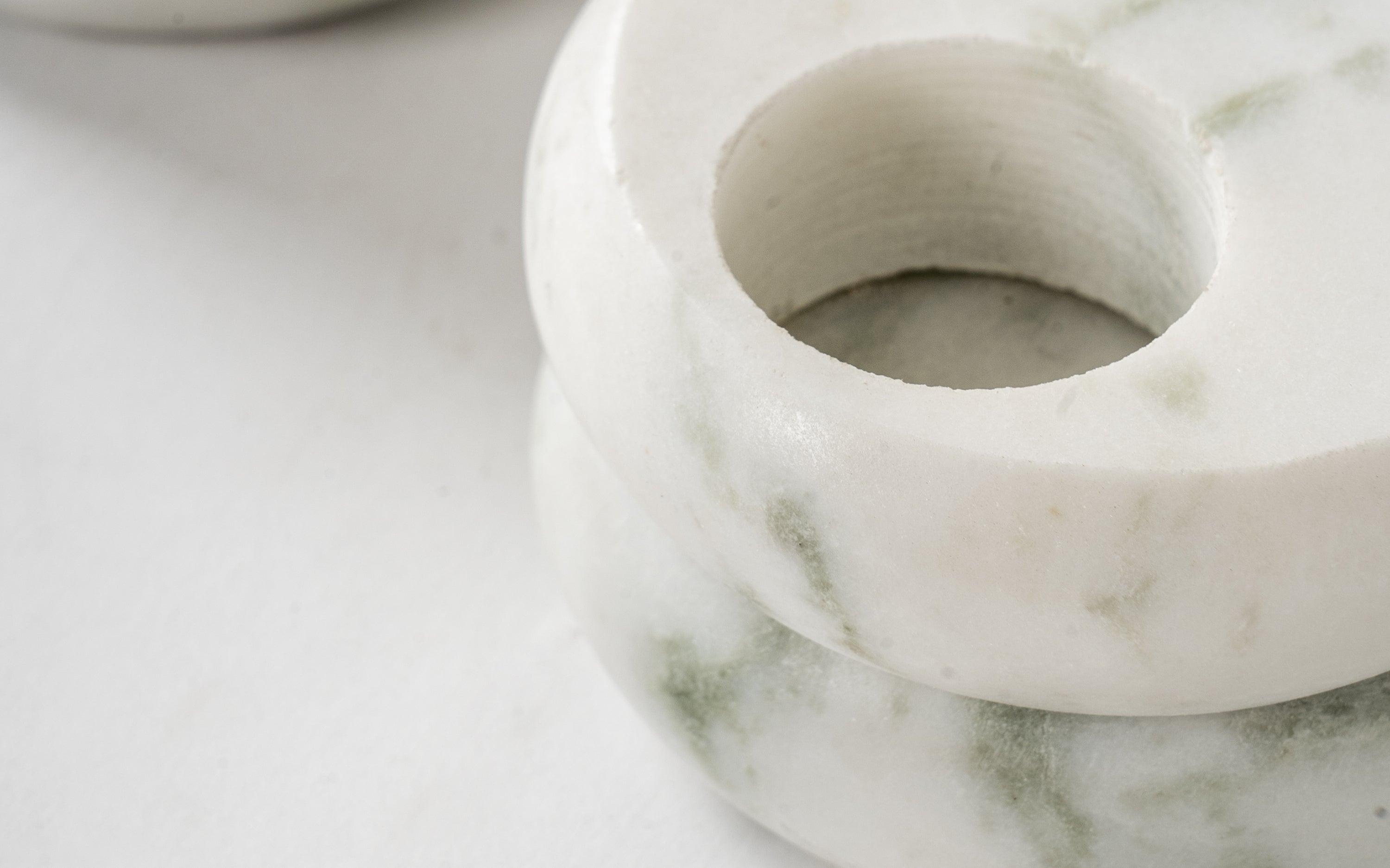 Mellow Marble Candle stand Set of 2 in Greean Matte Finish - Close shot - from upper angle - Orange Tree