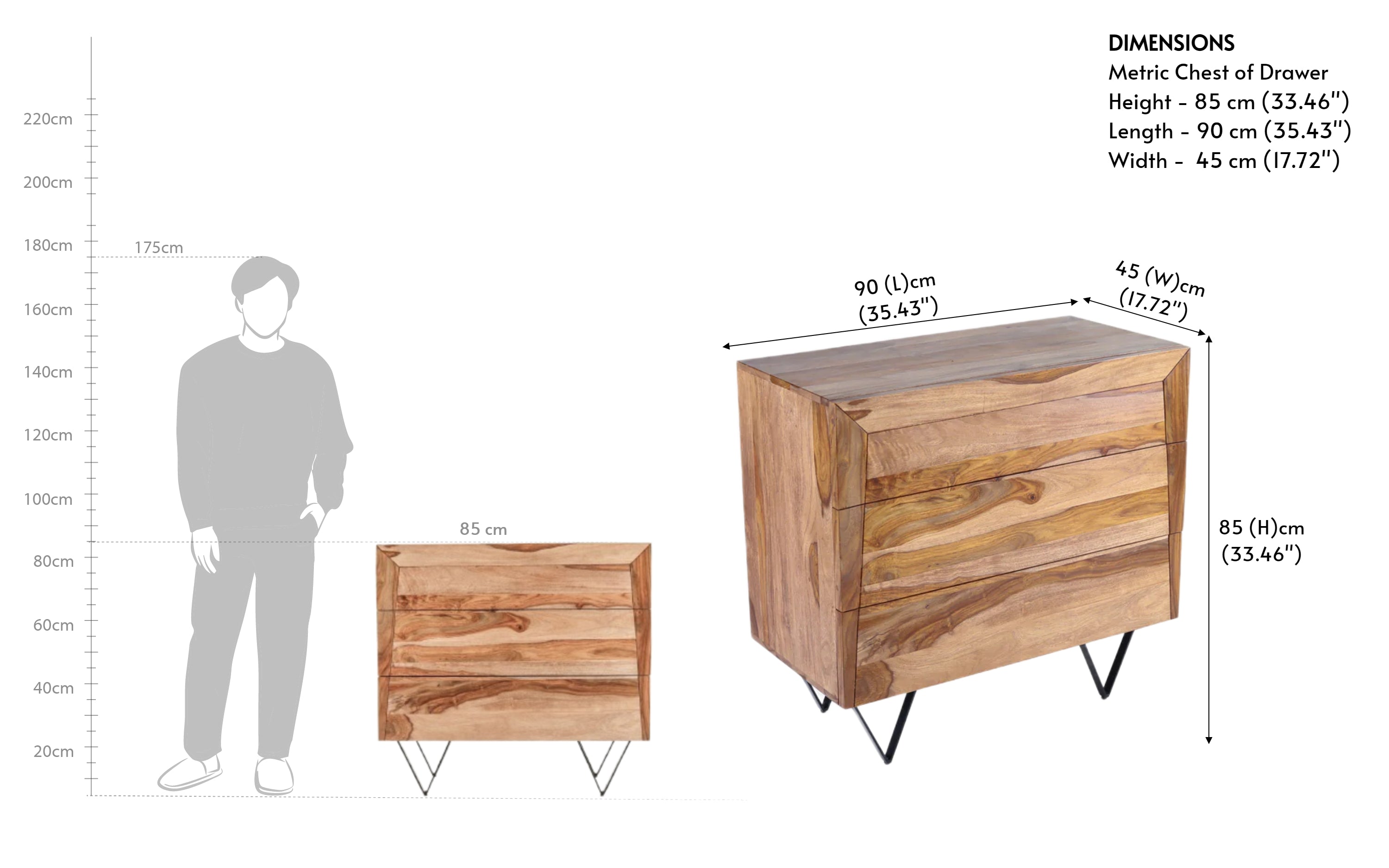 Metric Wooden Chest of 3 Drawers | Metal Legs & Natural Finish - Close shot - Orange Tree