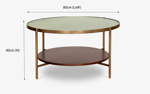 Mira Coffee Table with glass top, walnut-finished wood, and brass legs, ideal as a modern center table or tea table for living room decor.