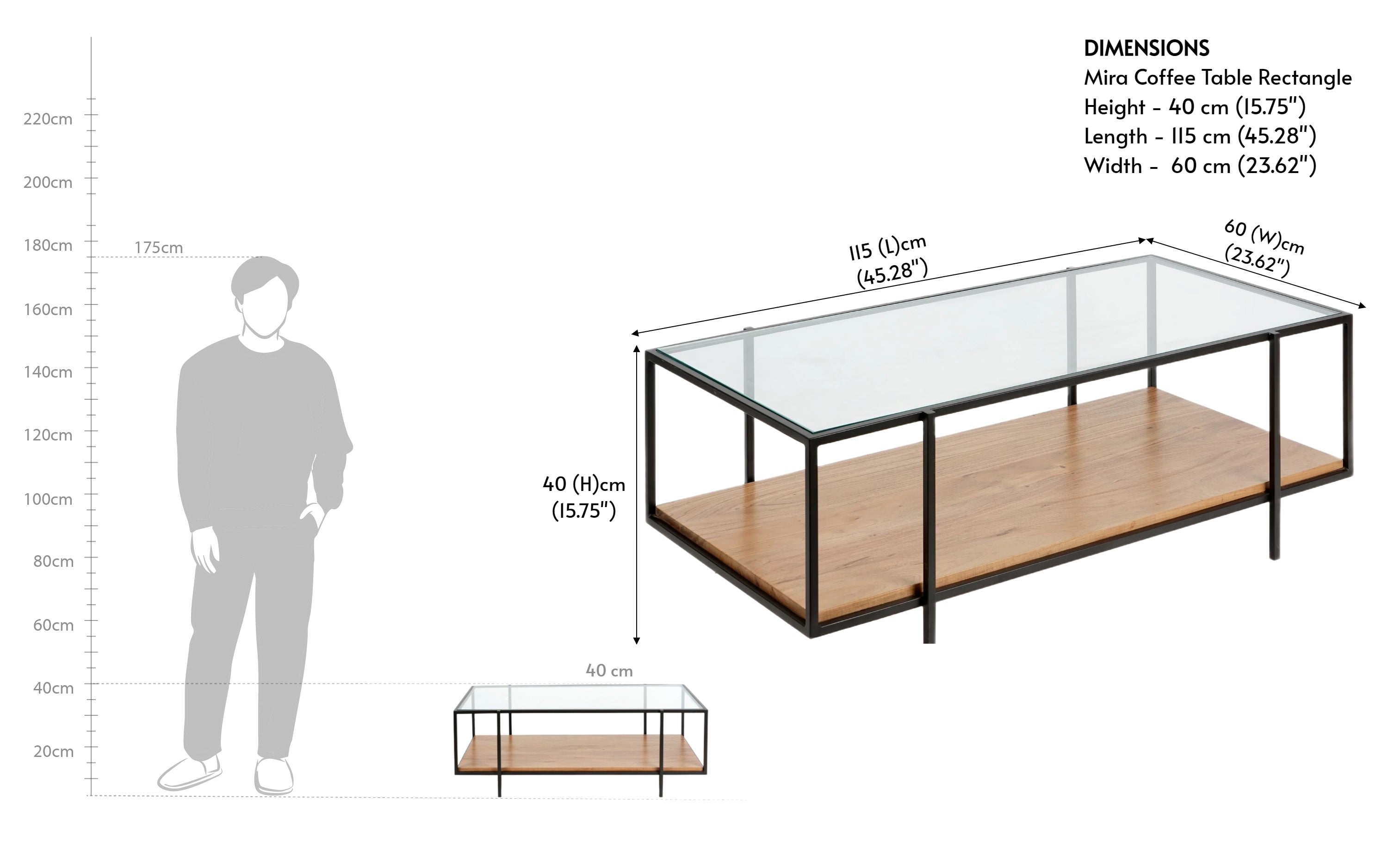 Mira Rectangle Glass Top Coffee Table with Black Metal Frame - with white background - Orange Tree