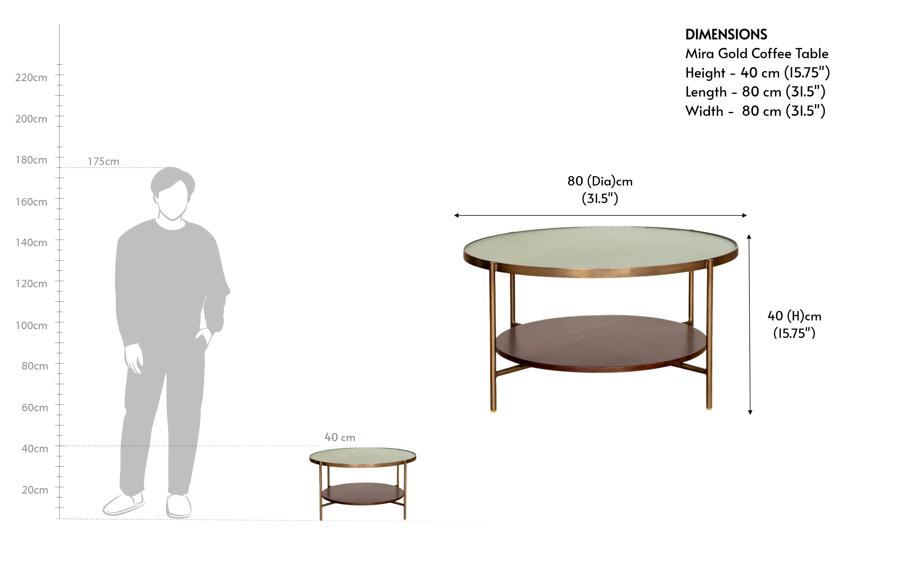 Mira Glass Top Round Coffee Table with Shelf Storage | Gold finish - Close shot - from upper angle - Orange Tree