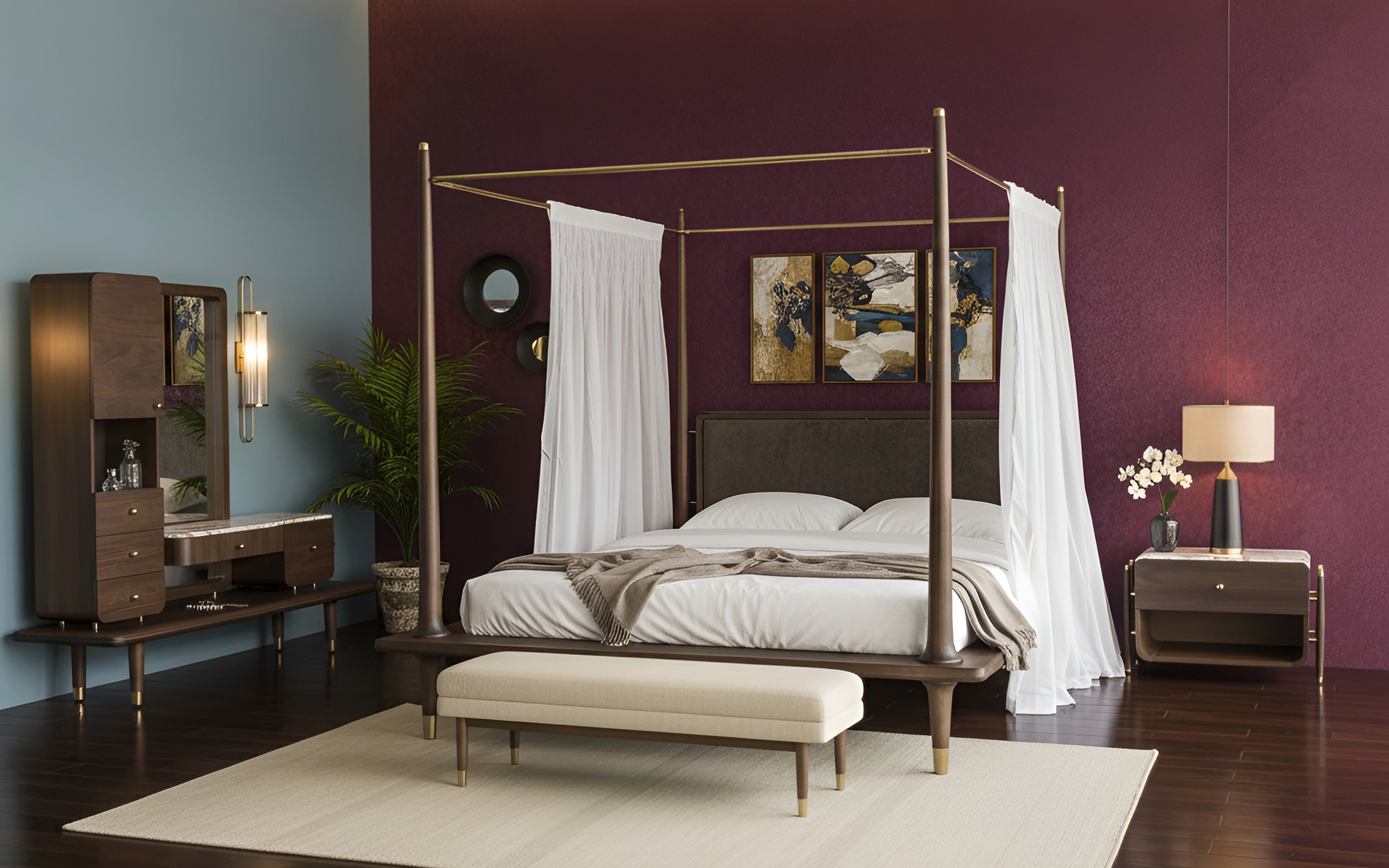 Navah Queen Size Wooden Canopy Bed—Walnut & Gold Finish - Orange Tree