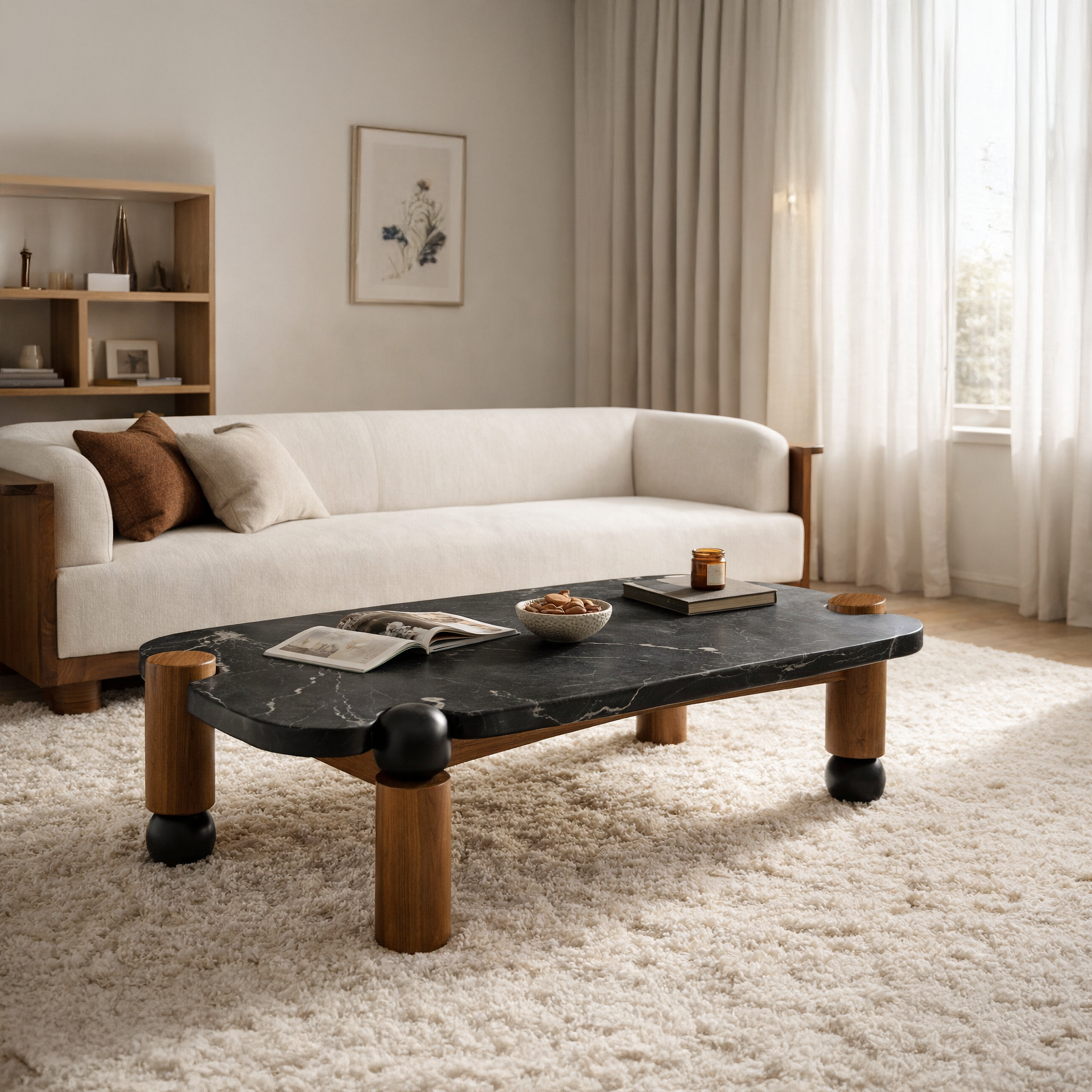 Low black marble coffee table in front of a cream sofa on a plush rug.