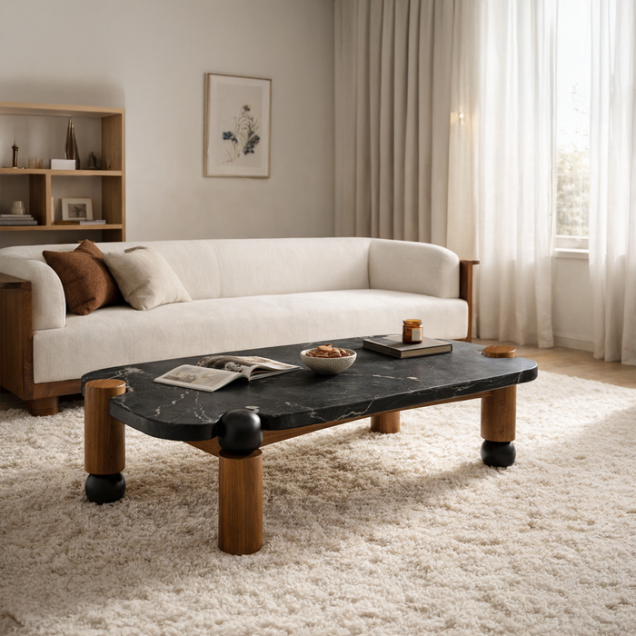 Low black marble coffee table in front of a cream sofa on a plush rug.