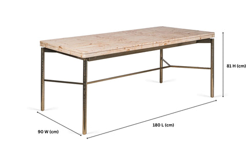 Nouve Wooden Dining Table 6 Seater with curved edges and vintage design, crafted from Burl Veneer and Stainless Steel, with a light-brushed satin brass finish on legs.