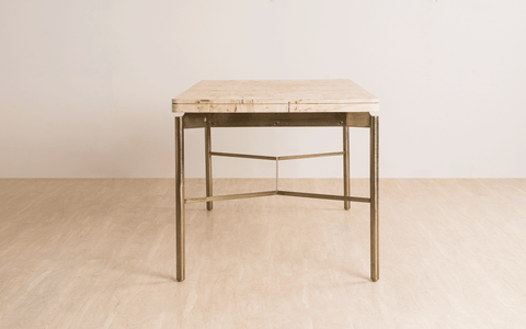Nouve Wooden Dining Table 6 Seater with curved edges and vintage design, crafted from Burl Veneer and Stainless Steel, with a light-brushed satin brass finish on legs.