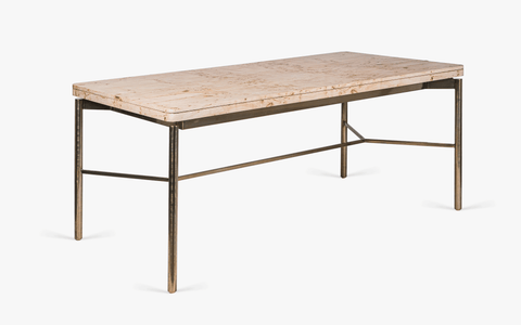 Nouve Wooden Dining Table 6 Seater with curved edges and vintage design, crafted from Burl Veneer and Stainless Steel, with a light-brushed satin brass finish on legs.