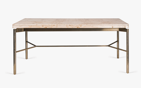 Nouve Wooden Dining Table 6 Seater with curved edges and vintage design, crafted from Burl Veneer and Stainless Steel, with a light-brushed satin brass finish on legs.