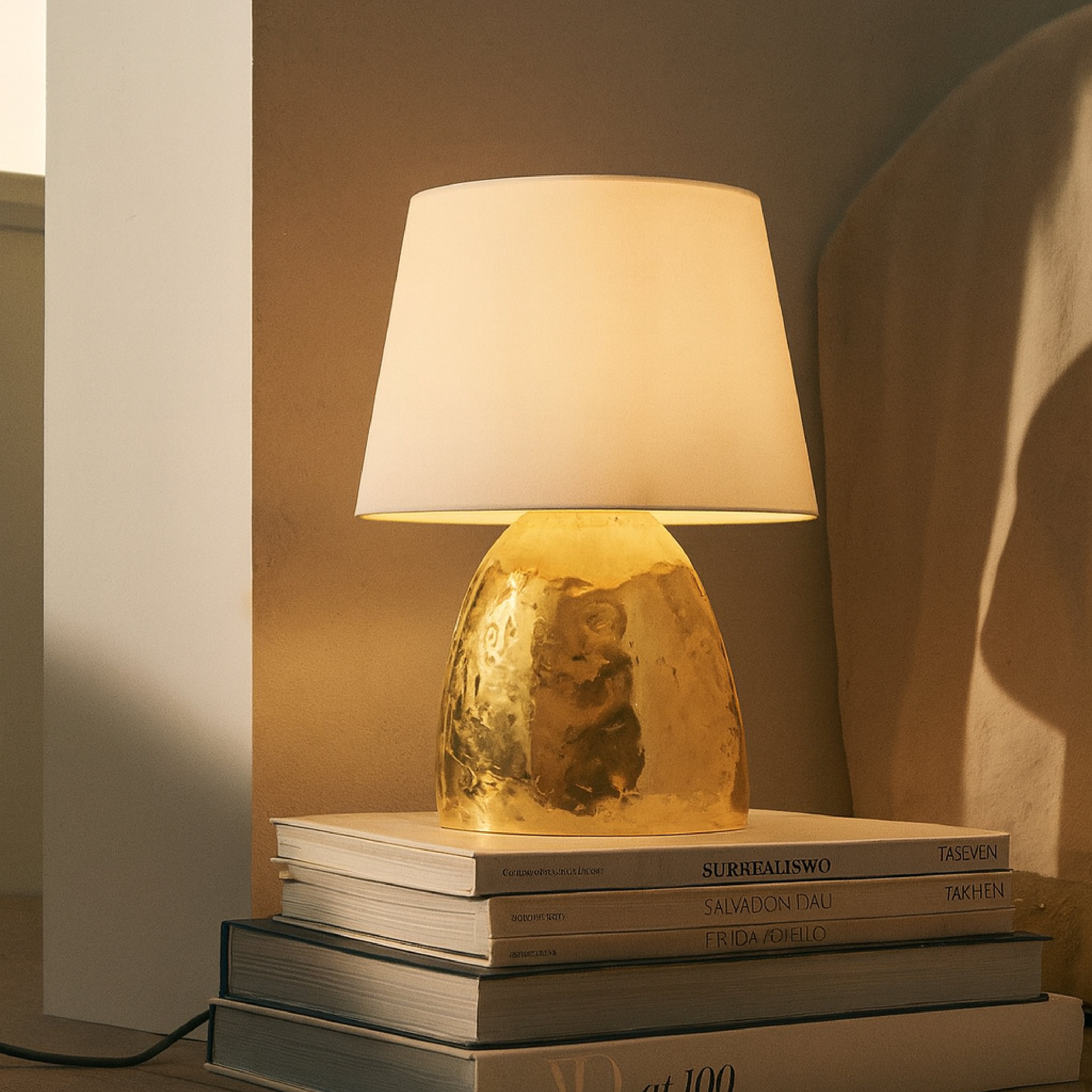 Gold table lamp with textured metal base and white fabric shade styled on bedside books
