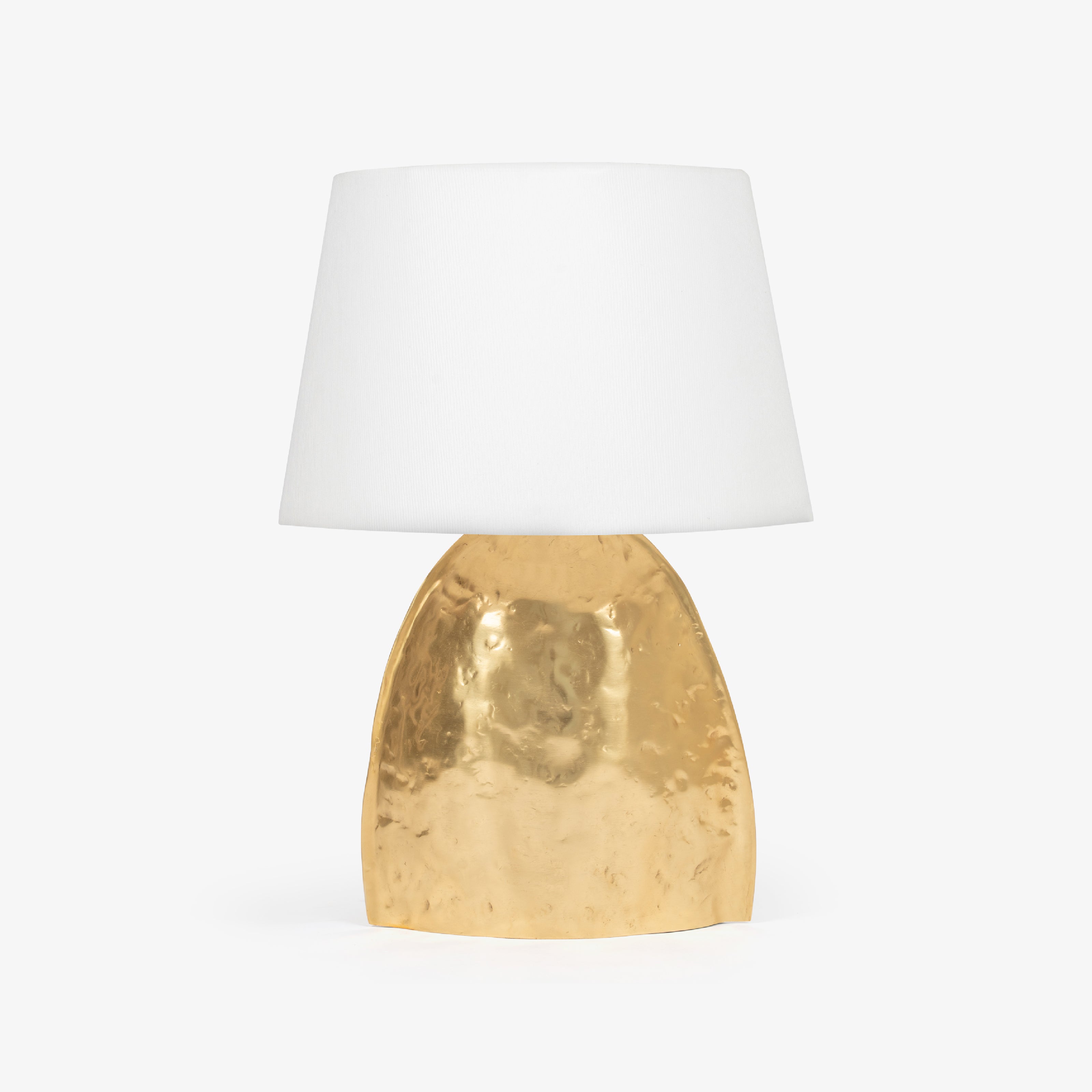Bedroom table lamp with gold textured base and white lampshade