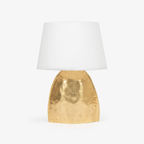 Bedroom table lamp with gold textured base and white lampshade
