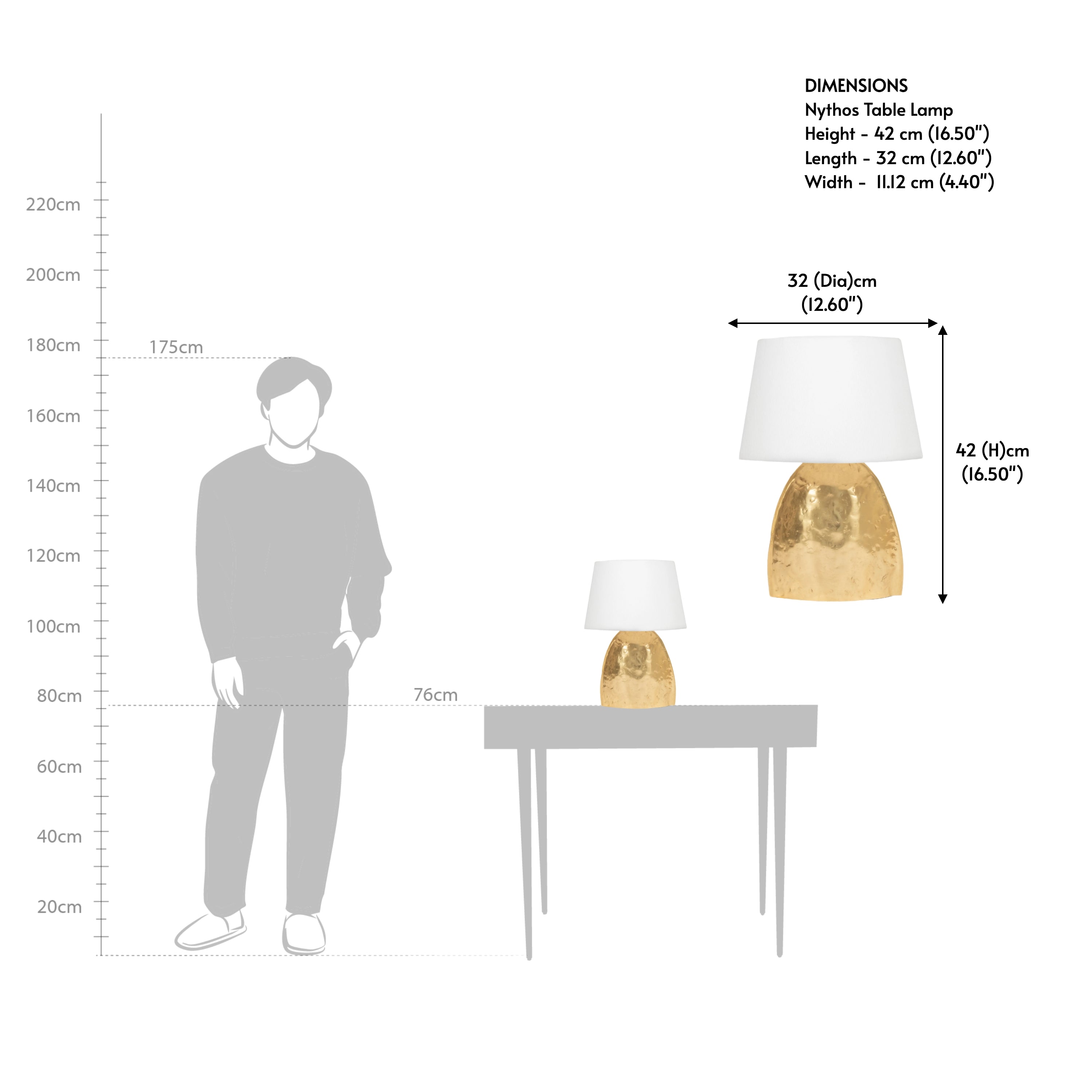 Gold table lamp dimensions showing height and shade width for bedside use