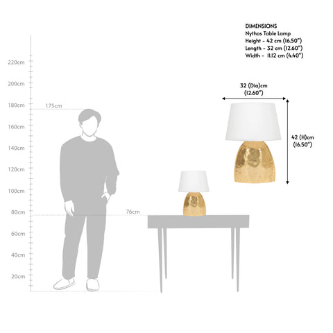 Gold table lamp dimensions showing height and shade width for bedside use