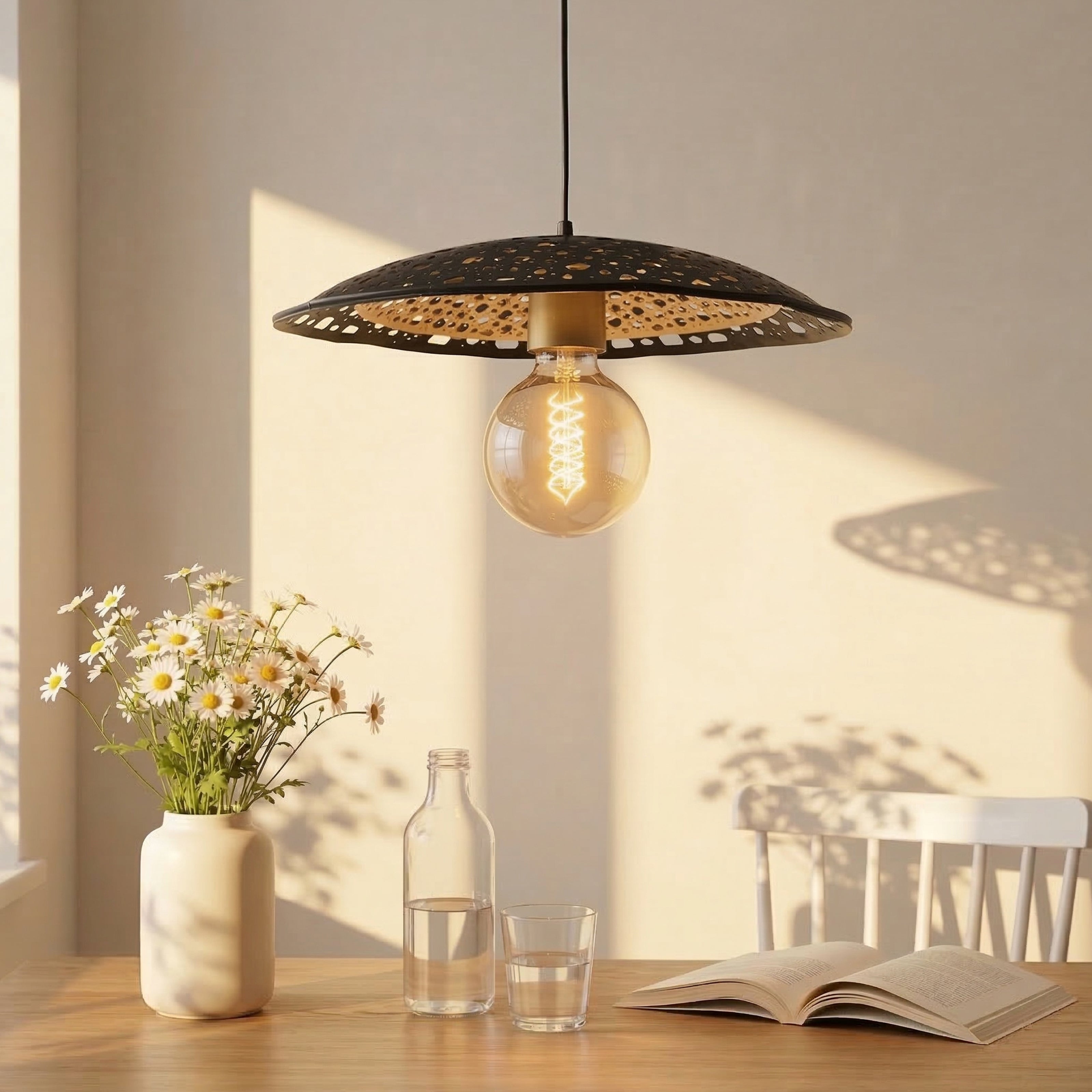 black pendant light hangs over a wooden table.