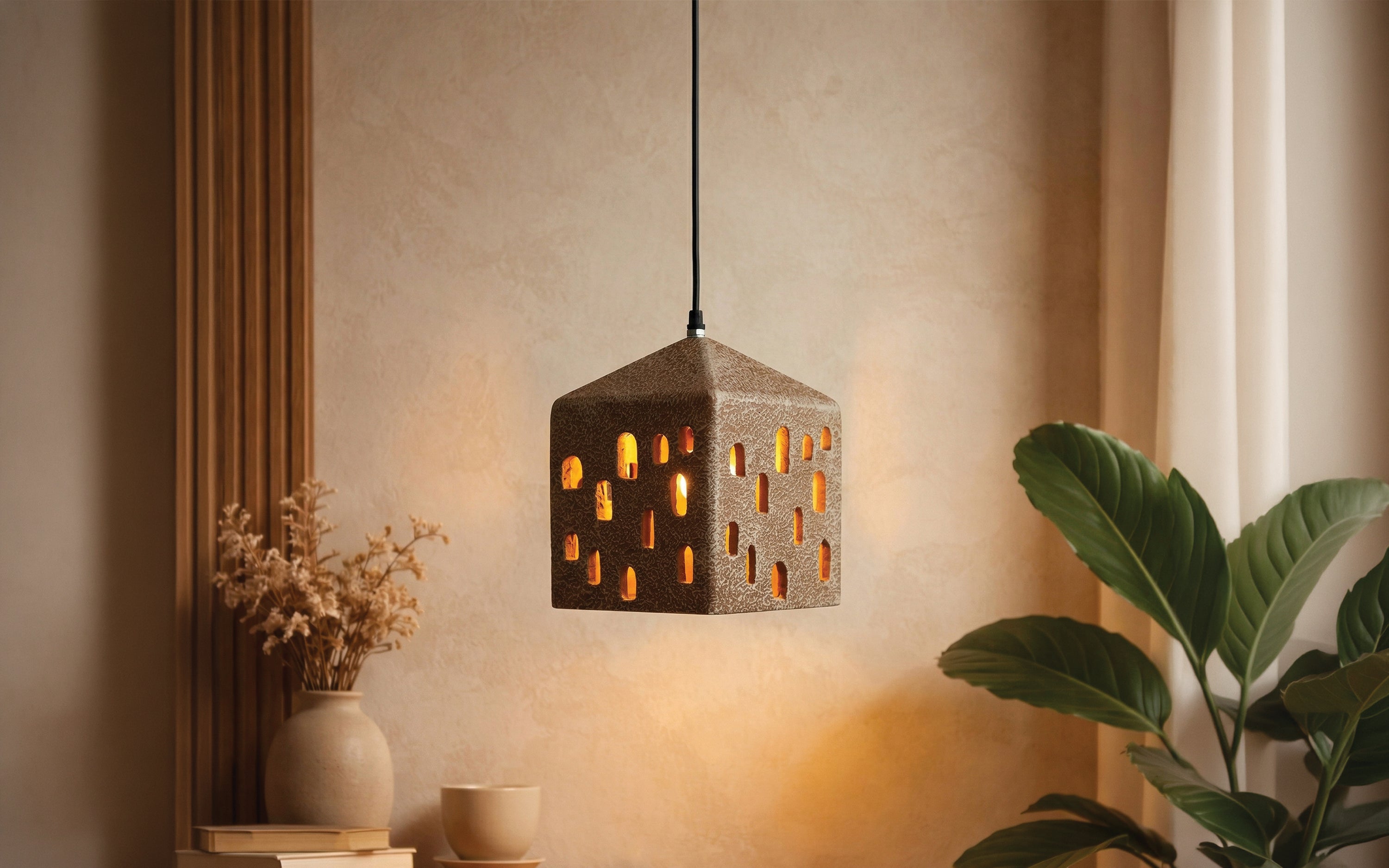 Flinstone Paper Mache Hanging Lamp for Bedroom - Orange Tree