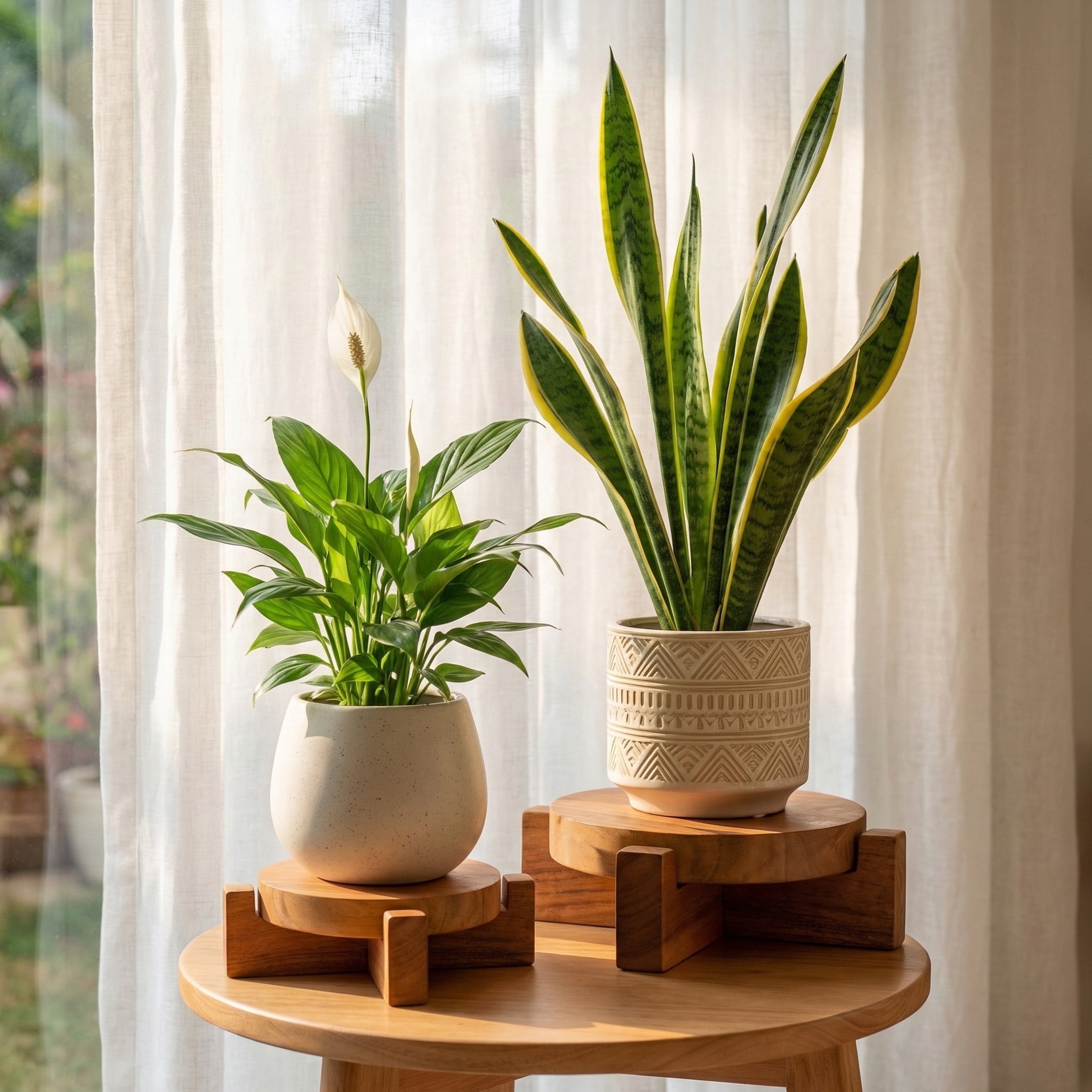 Indoor plants in ceramic pots on wooden sculptural plant stands