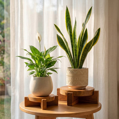 Indoor plants in ceramic pots on wooden sculptural plant stands
