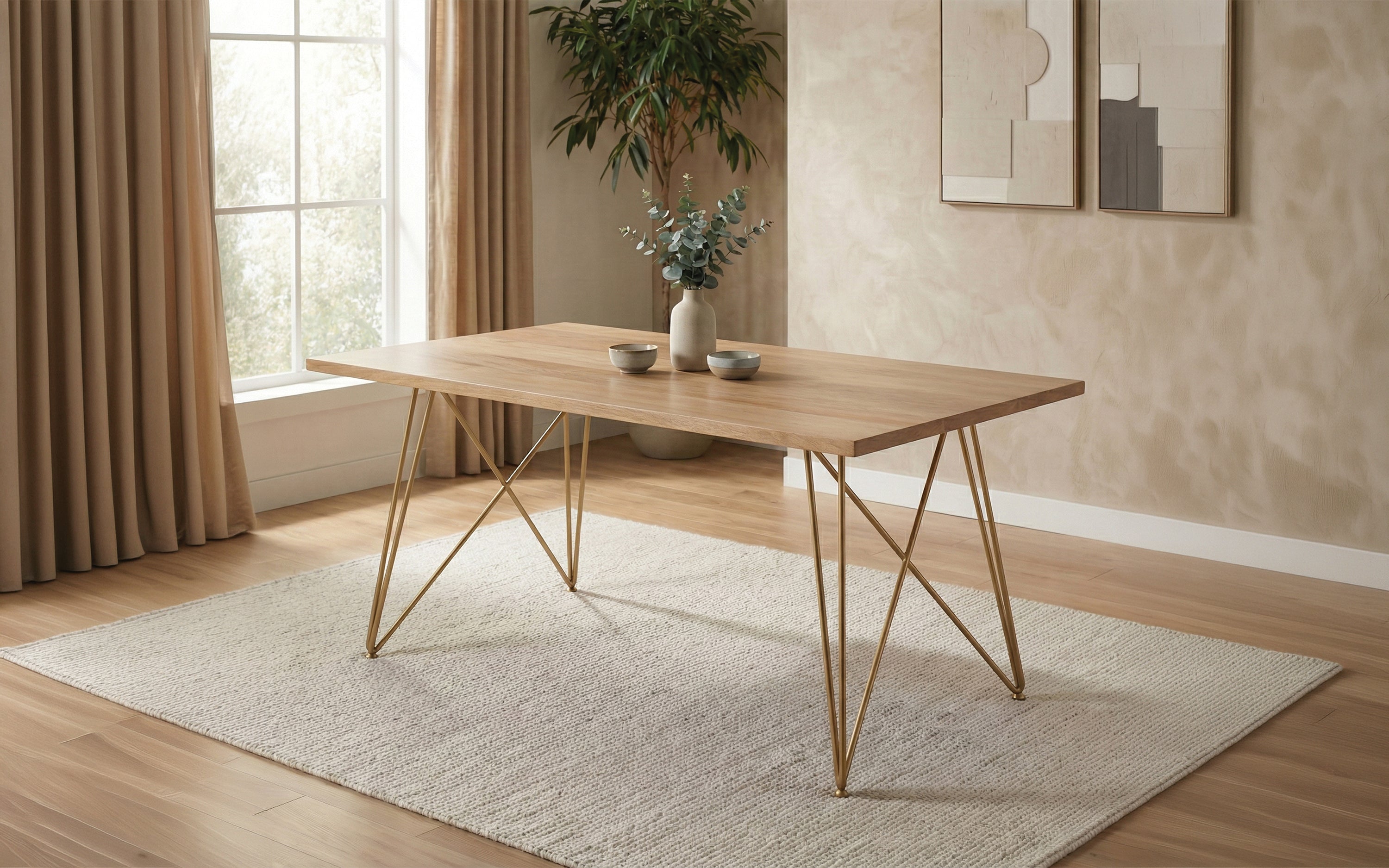 Art Deco Wooden 6 Seater Dining Table with Metal Legs - Orange Tree