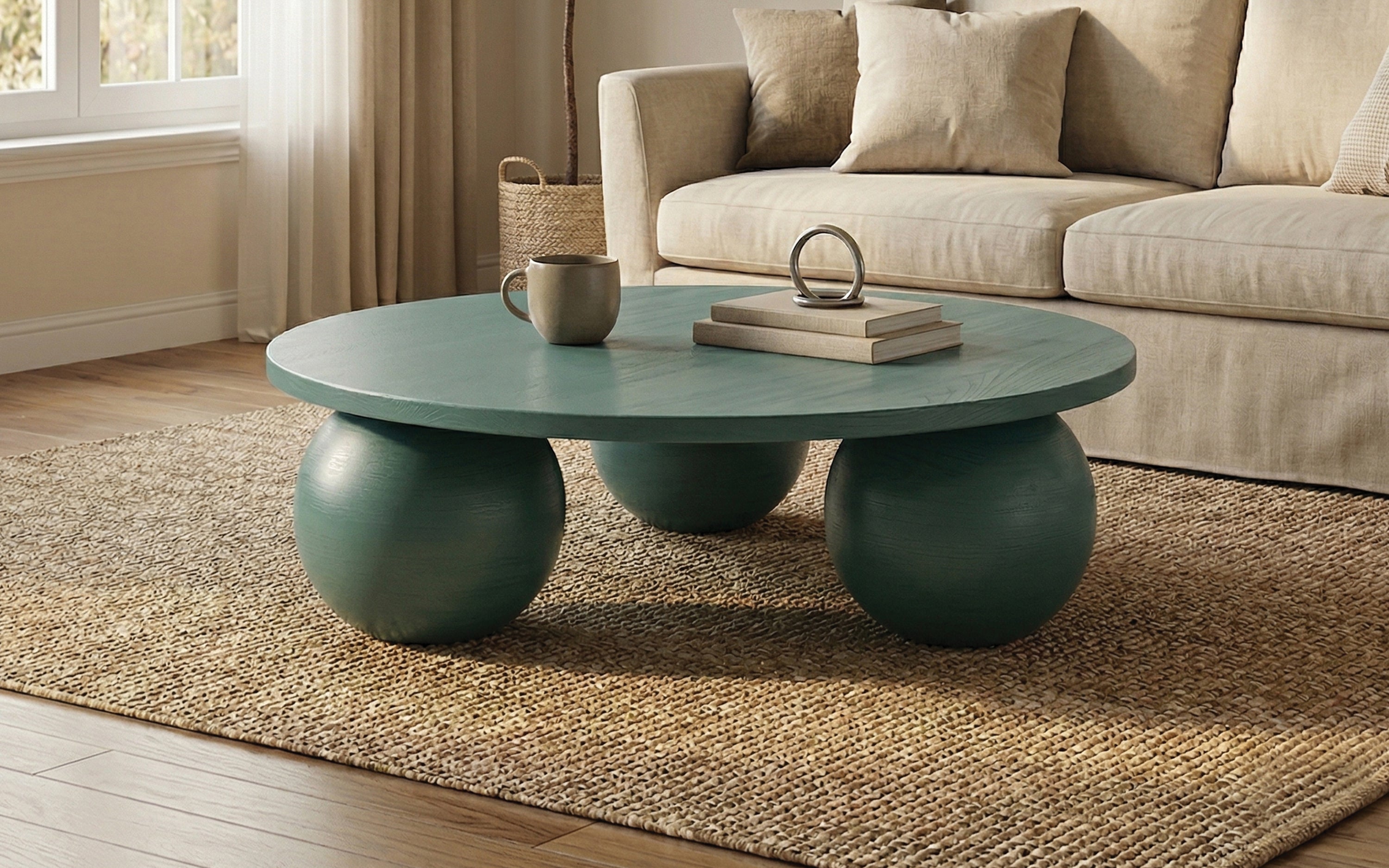 Ala Round Wooden Coffee Table with Globe Legs | Green Finish - Orange Tree