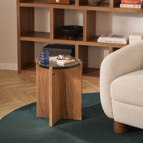 Ciro Side Table in solid wood with faceted base and cast glass top - Orange Tree